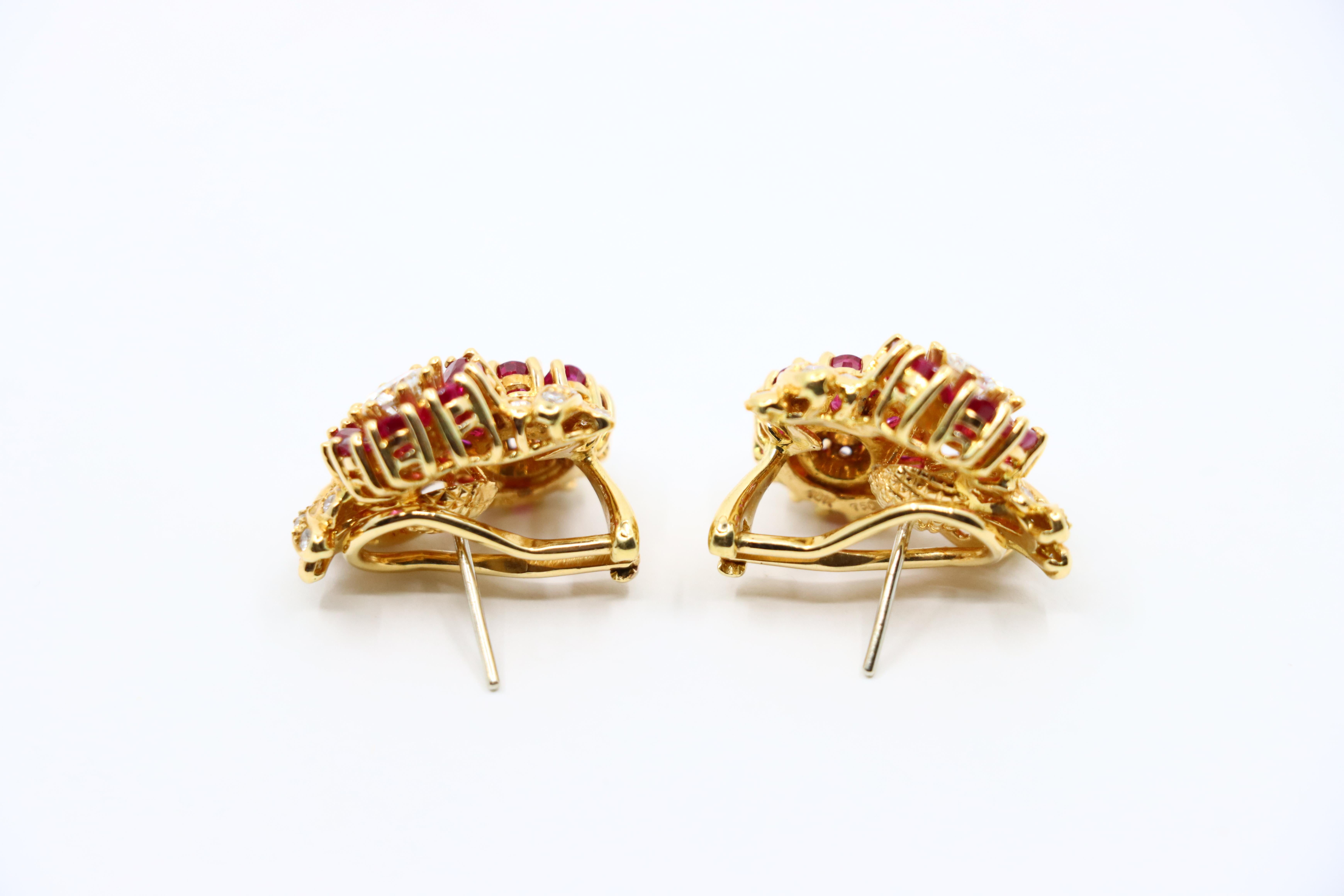 Vintage 18K Gold Ruby Diamond Flower Earrings For Sale 9