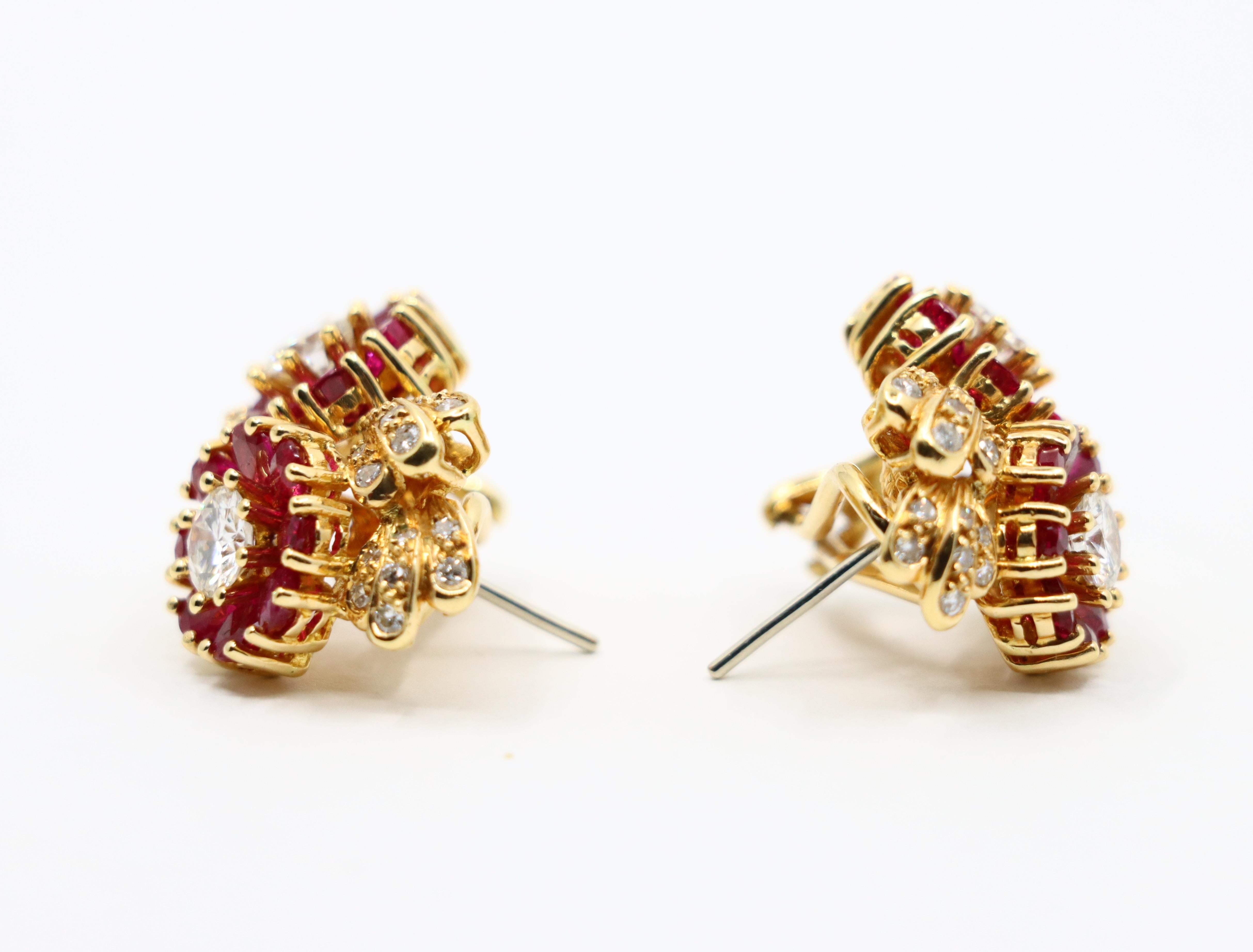 Vintage 18K Gold Ruby Diamond Flower Earrings For Sale 11