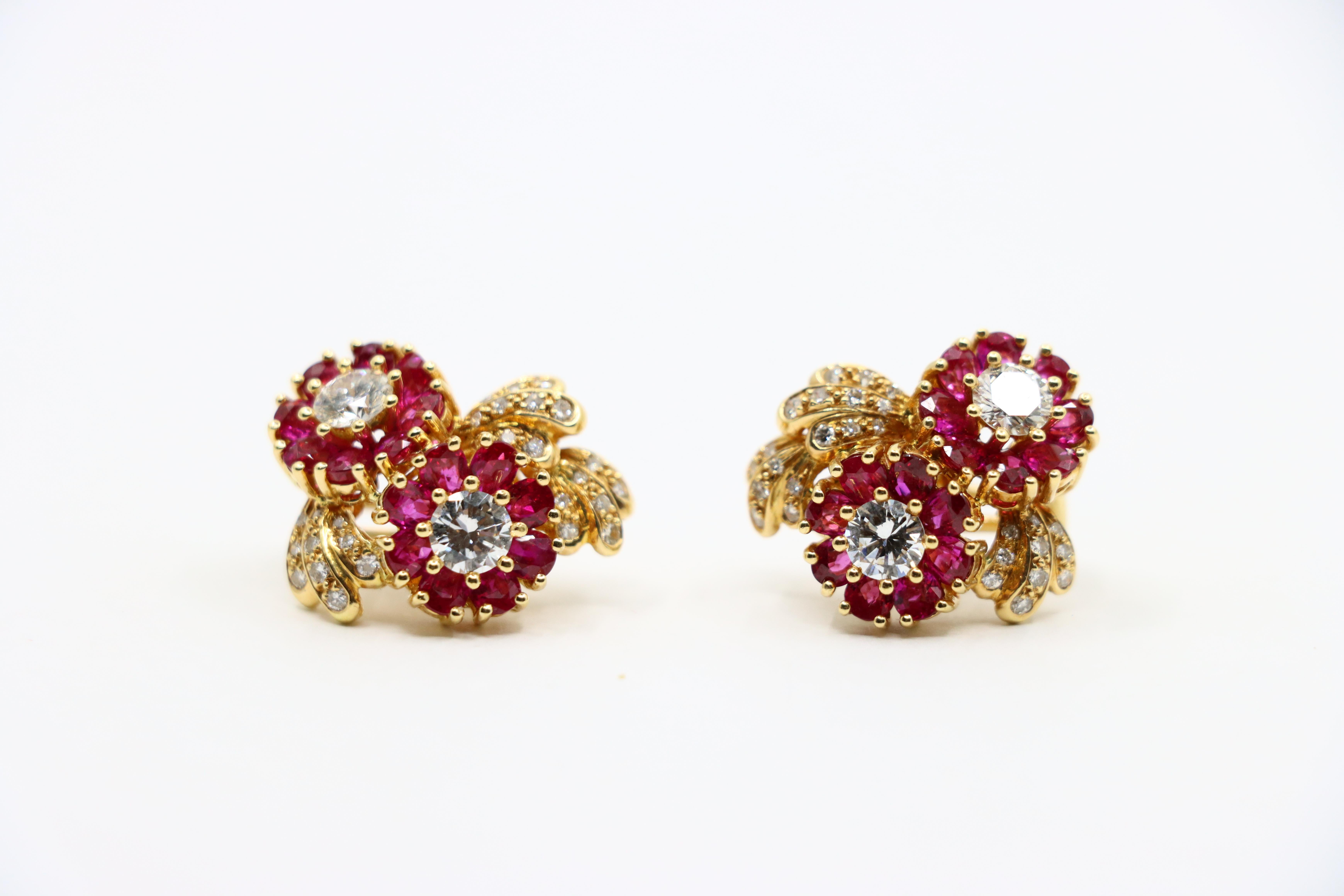 Vintage 18K Gold Ruby Diamond Flower Earrings For Sale 12