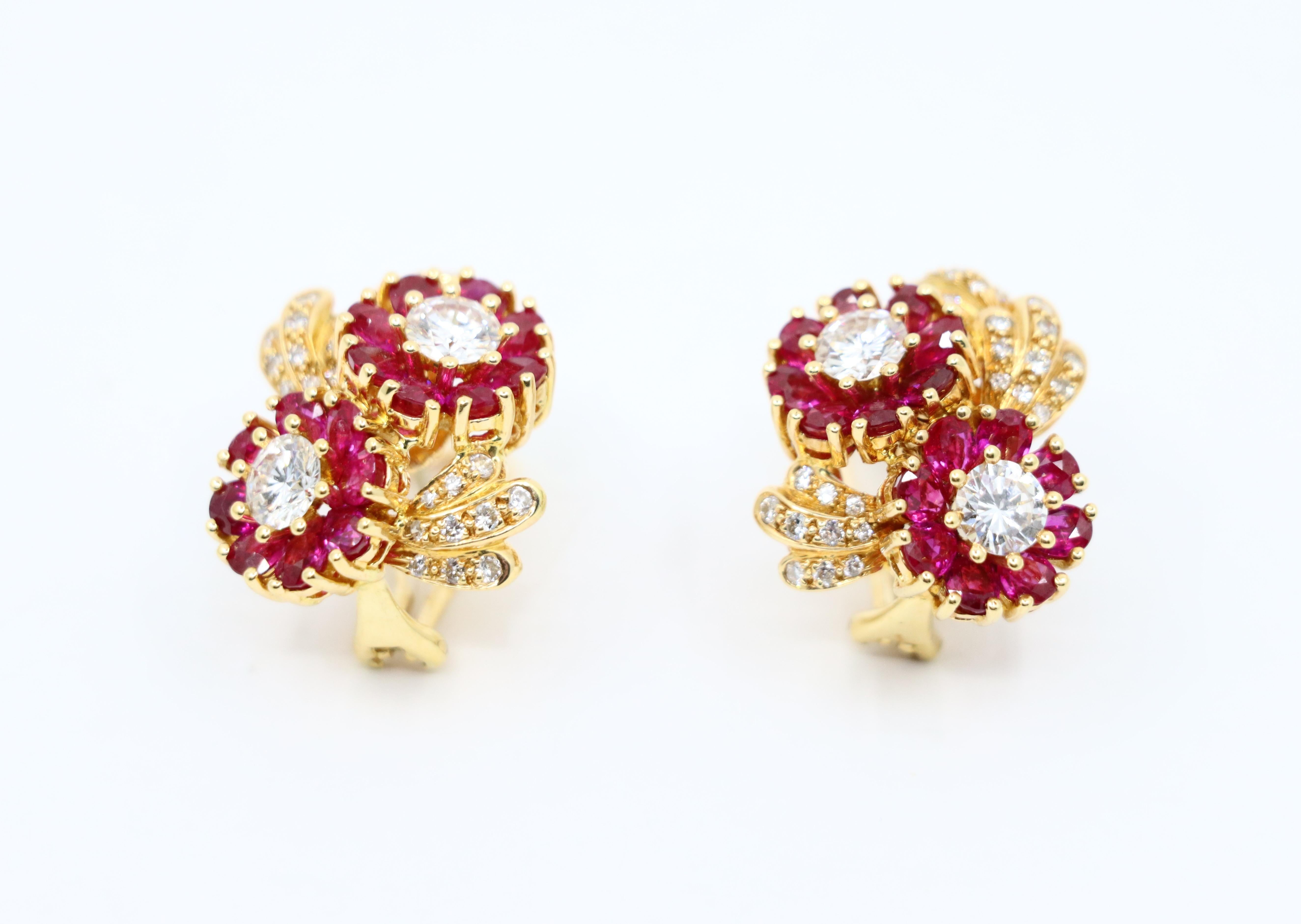 Mixed Cut Vintage 18K Gold Ruby Diamond Flower Earrings For Sale