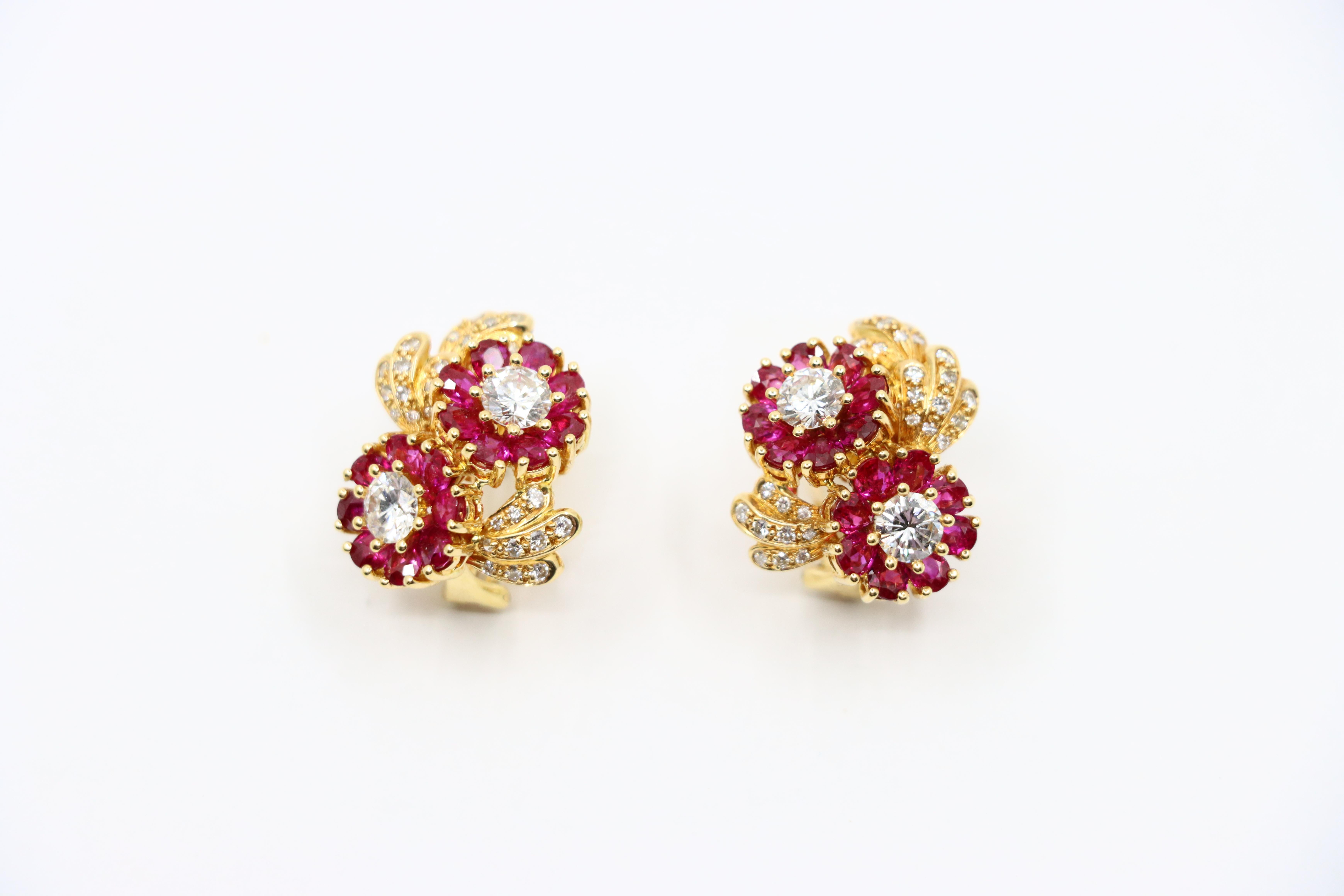 Vintage 18K Gold Ruby Diamond Flower Earrings For Sale 1