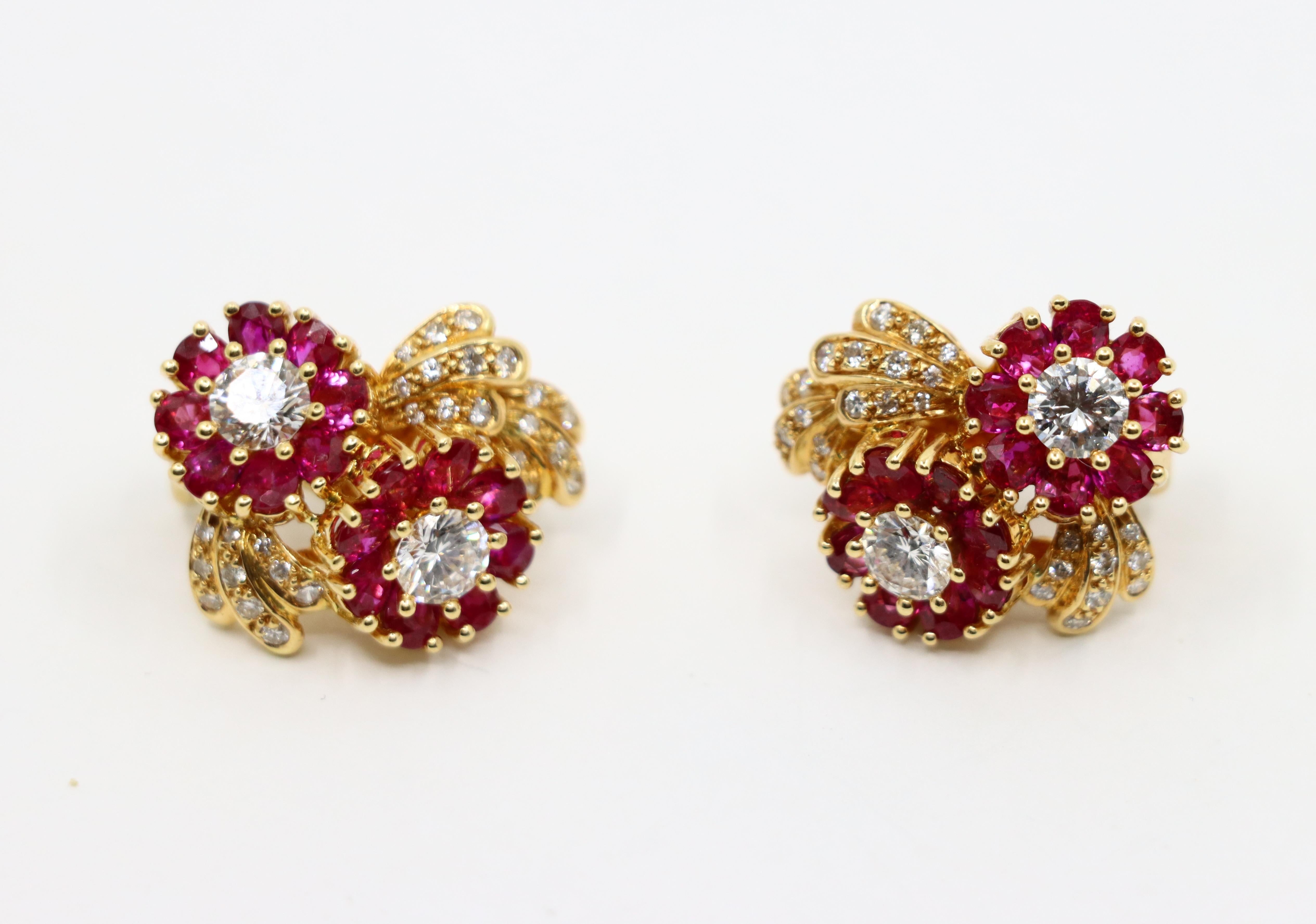 Vintage 18K Gold Ruby Diamond Flower Earrings For Sale 2