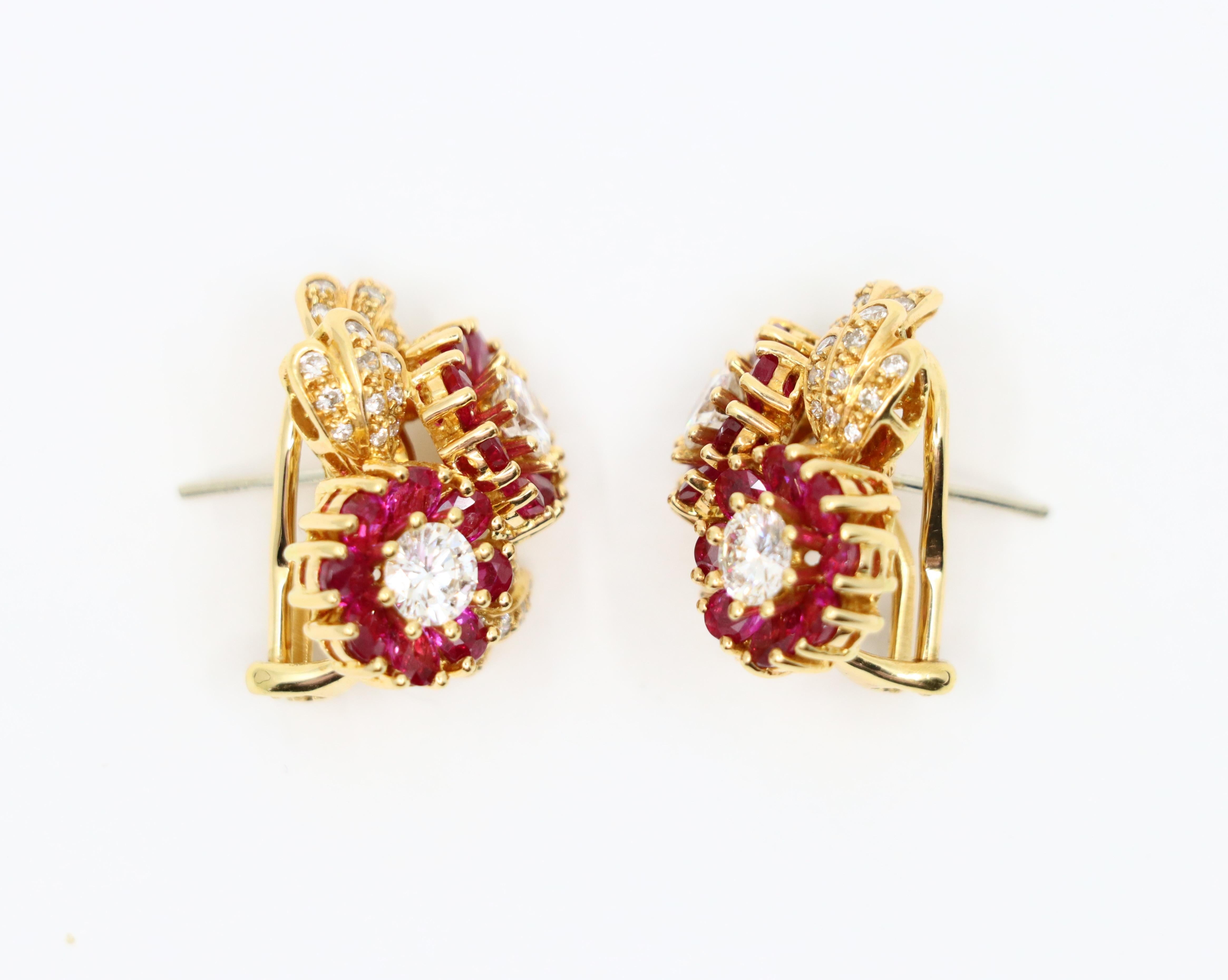 Vintage 18K Gold Ruby Diamond Flower Earrings For Sale 3