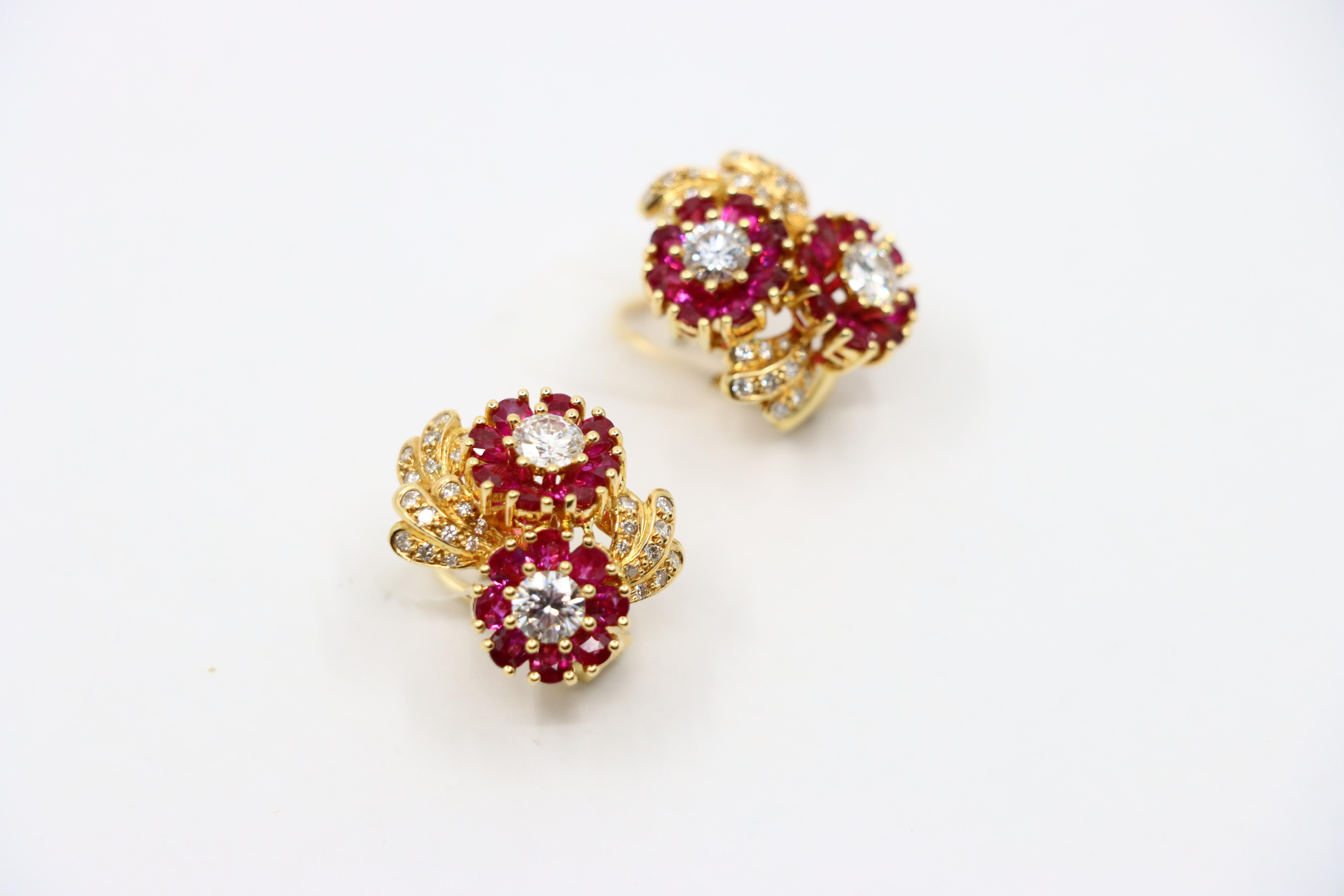 Vintage 18K Gold Ruby Diamond Flower Earrings For Sale 4