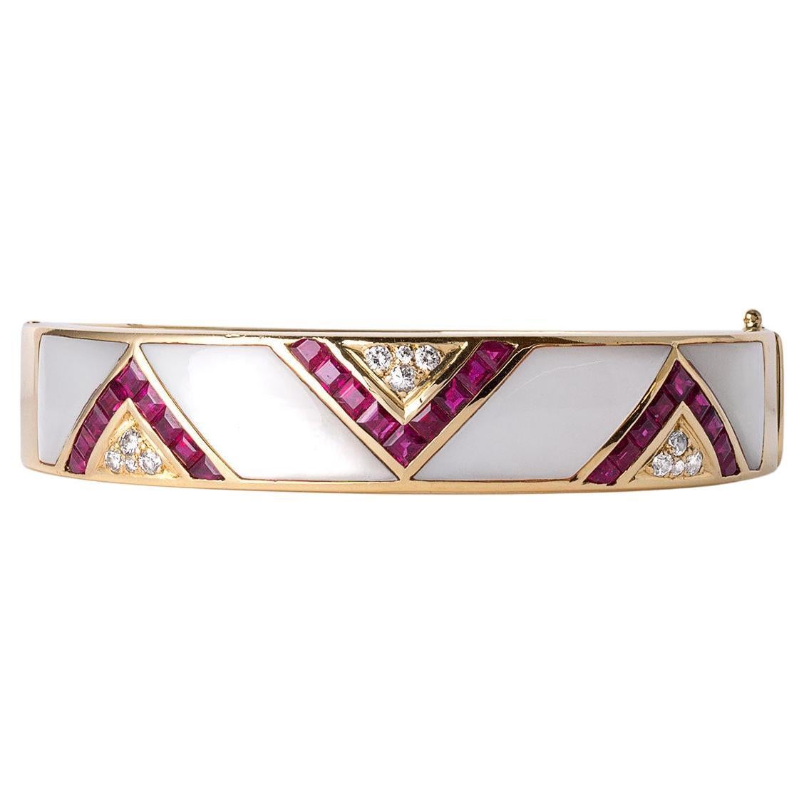 Vintage 18K Gold Ruby, Diamond & Mother of Pearl Inlay Bangle  12.20ct Rubies
