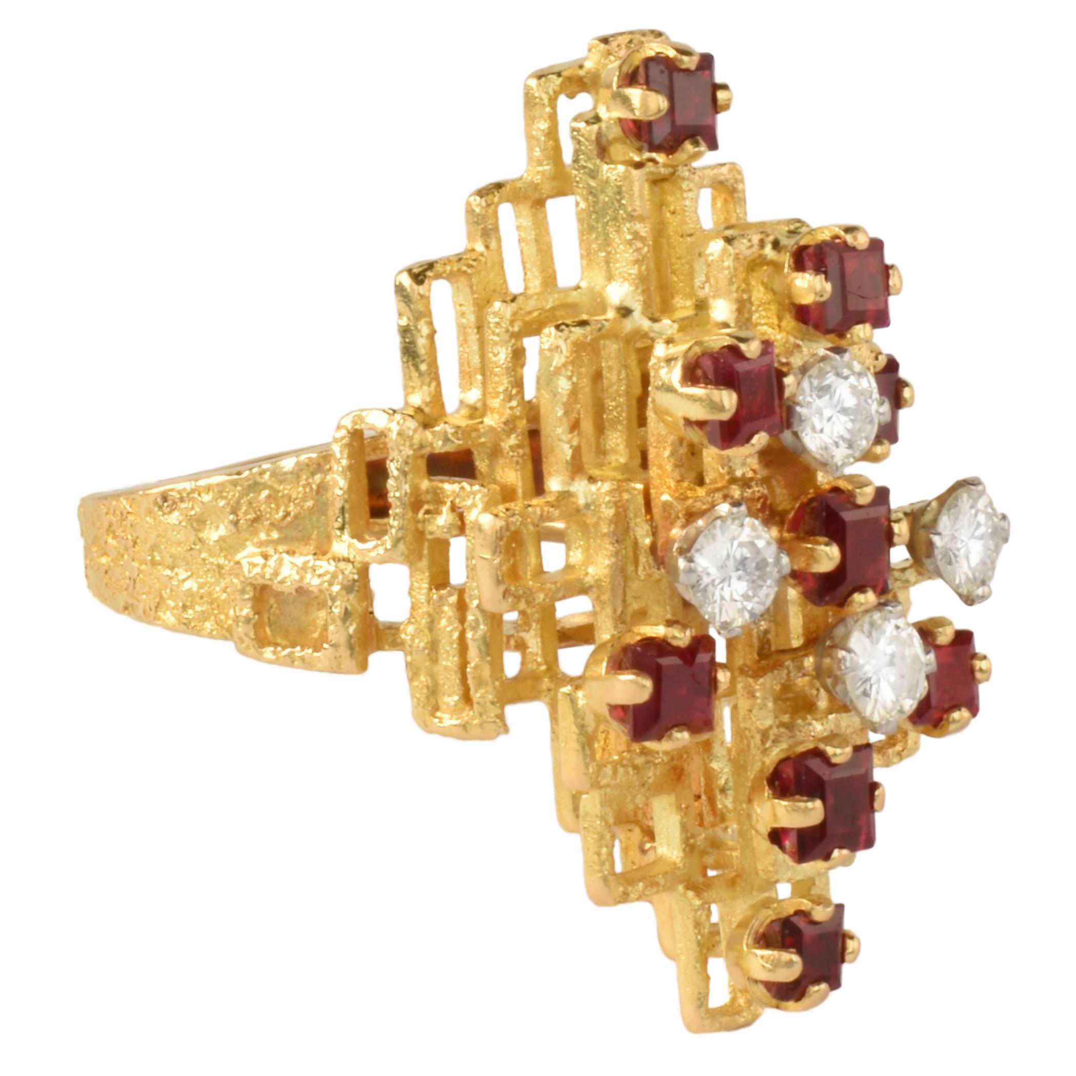 Modernist Vintage 18k Gold, Ruby & Diamond Ring Attributed to George Weil