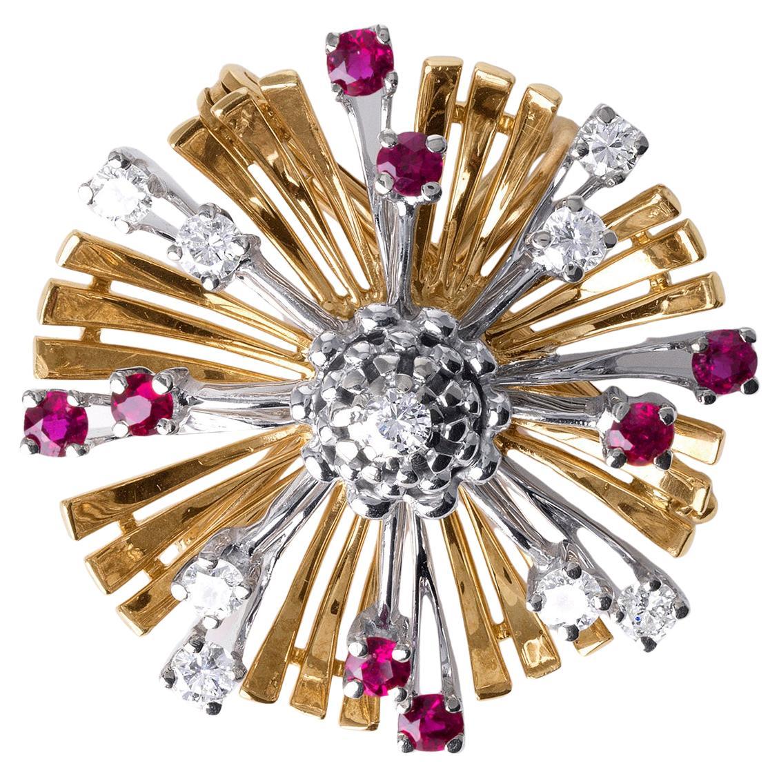 Broche giratorio vintage de oro de 18 quilates con rubíes y diamantes - Rubíes de 0,90 ct, D de 0,80 ct