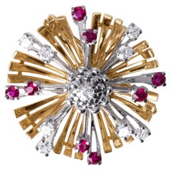 Broche giratorio vintage de oro de 18 quilates con rubíes y diamantes - Rubíes de 0,90 ct, D de 0,80 ct