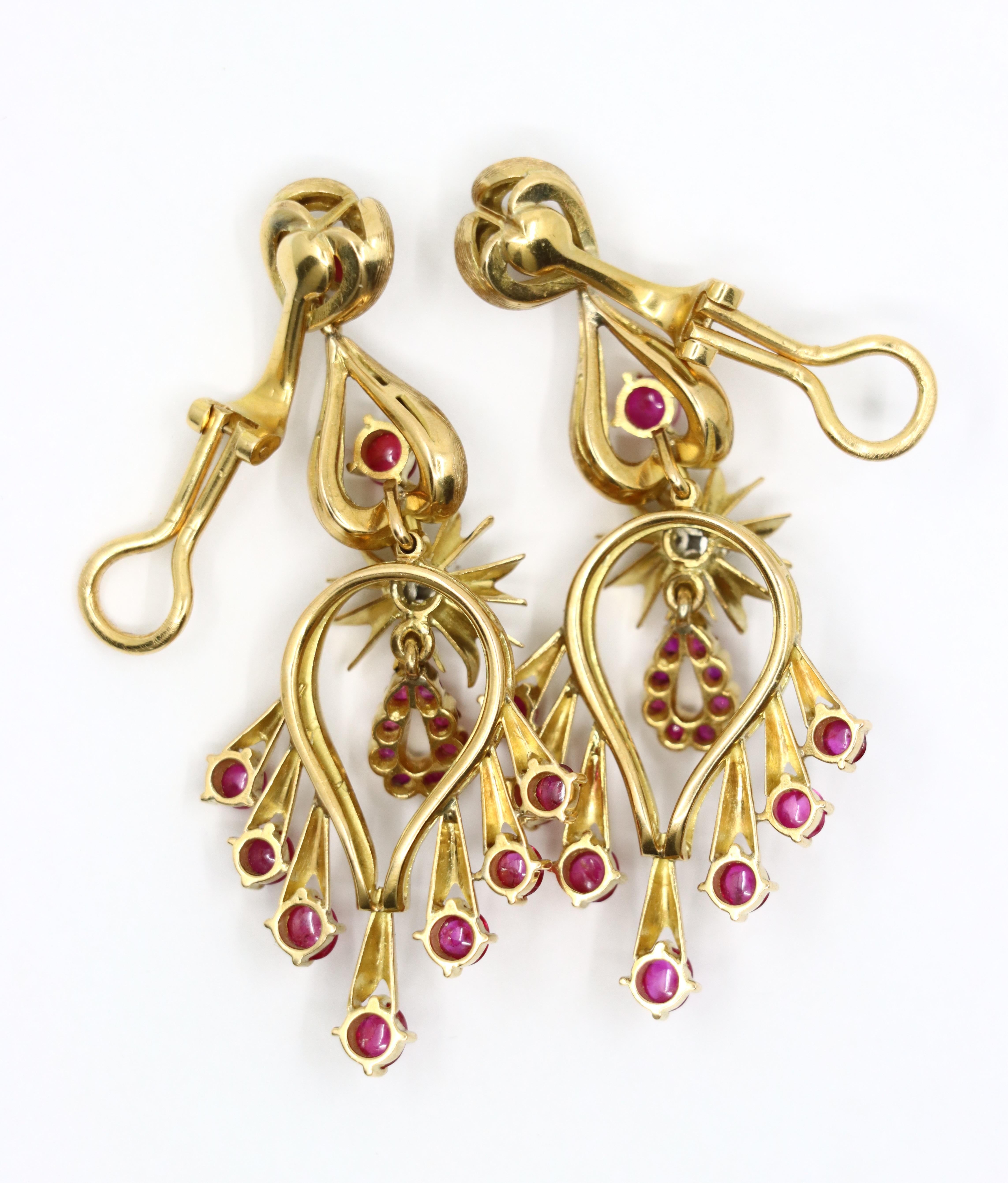 Vintage 18K Gold Ruby Diamonds Chandelier Earrings For Sale 6