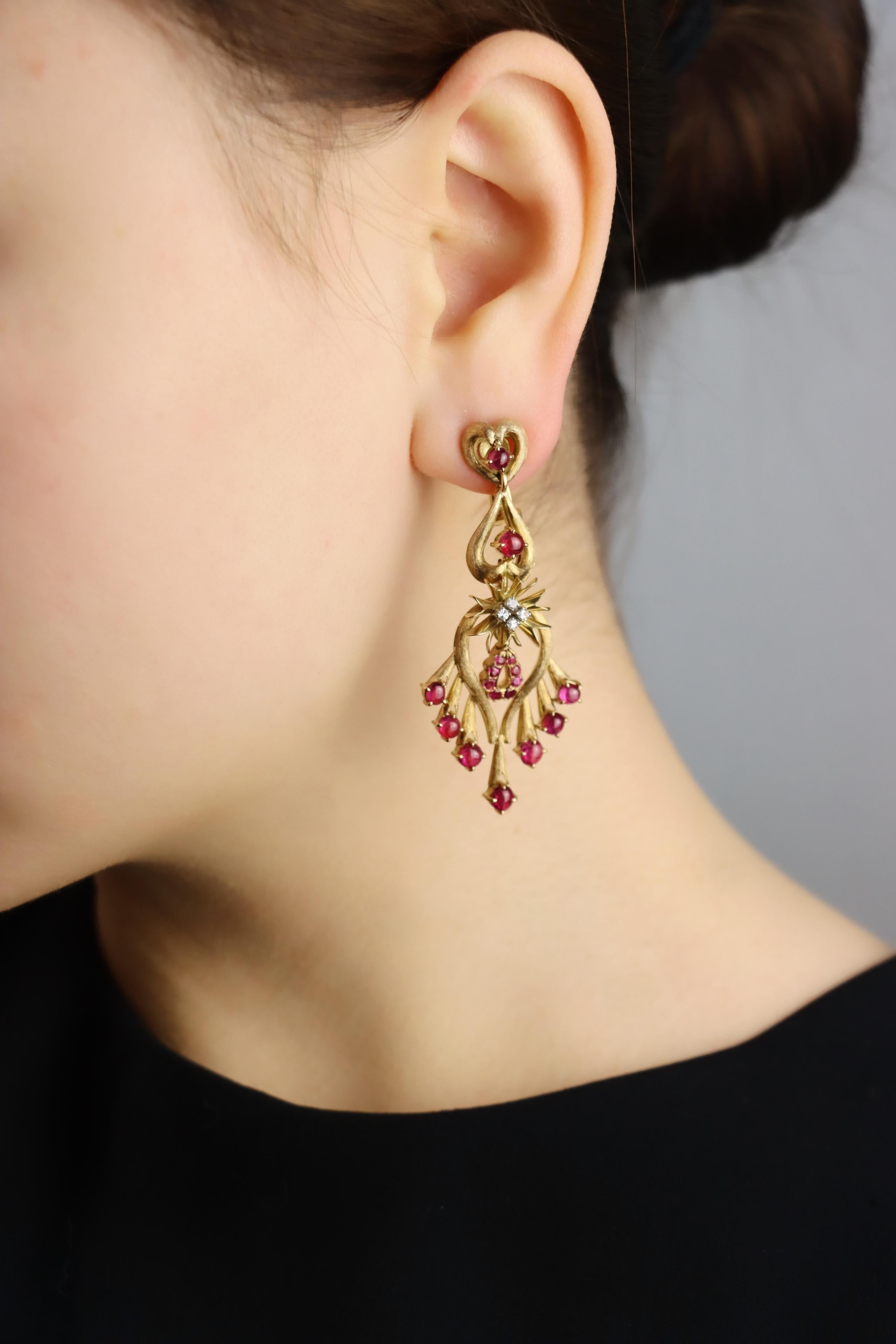Vintage 18K Gold Ruby Diamonds Chandelier Earrings

Approximate Dimensions:
5.8 cm (Length) 
2.6 cm (Width)
26.3 grams in weight.