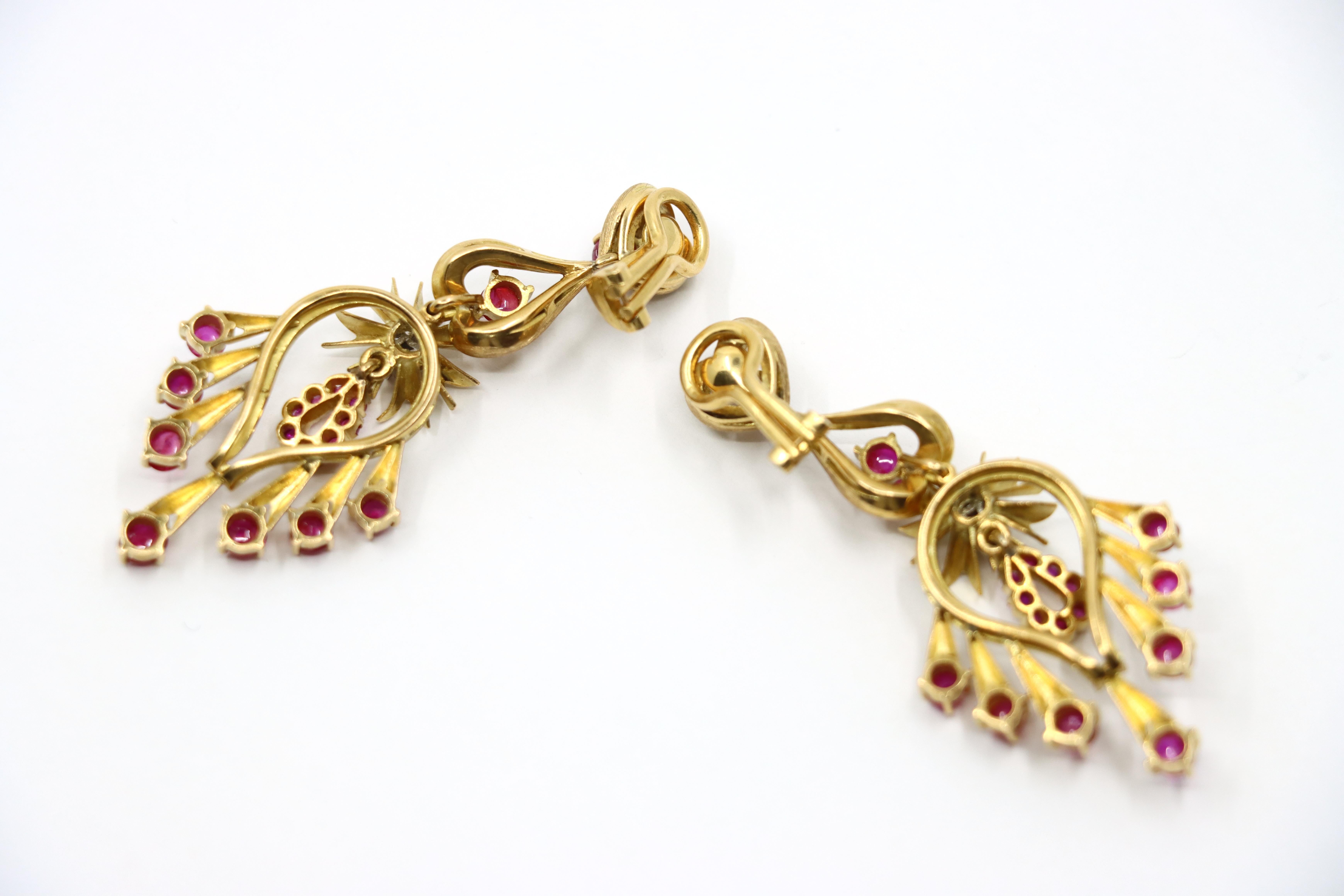 Vintage 18K Gold Ruby Diamonds Chandelier Earrings For Sale 3