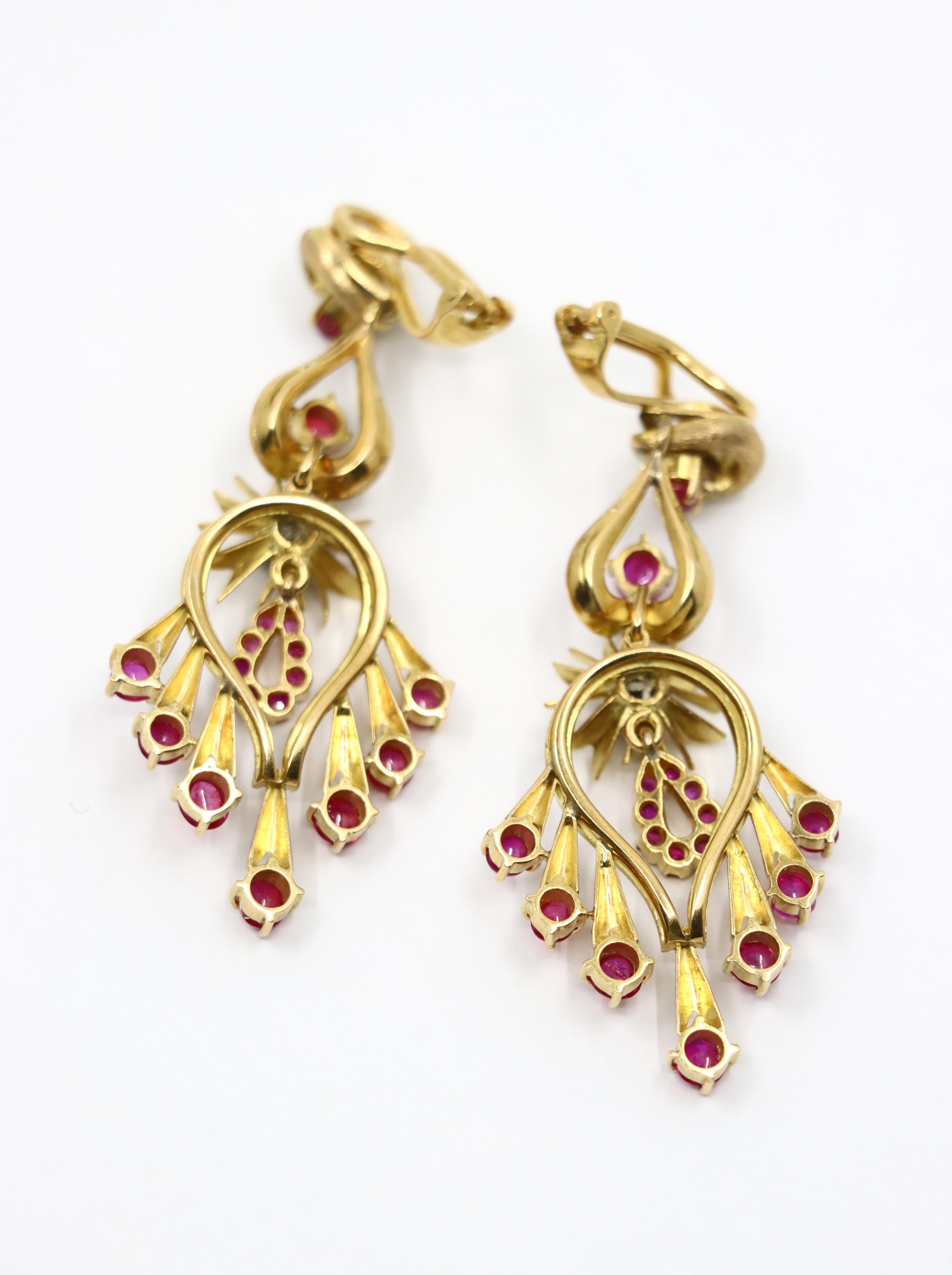 Vintage 18K Gold Ruby Diamonds Chandelier Earrings For Sale 4