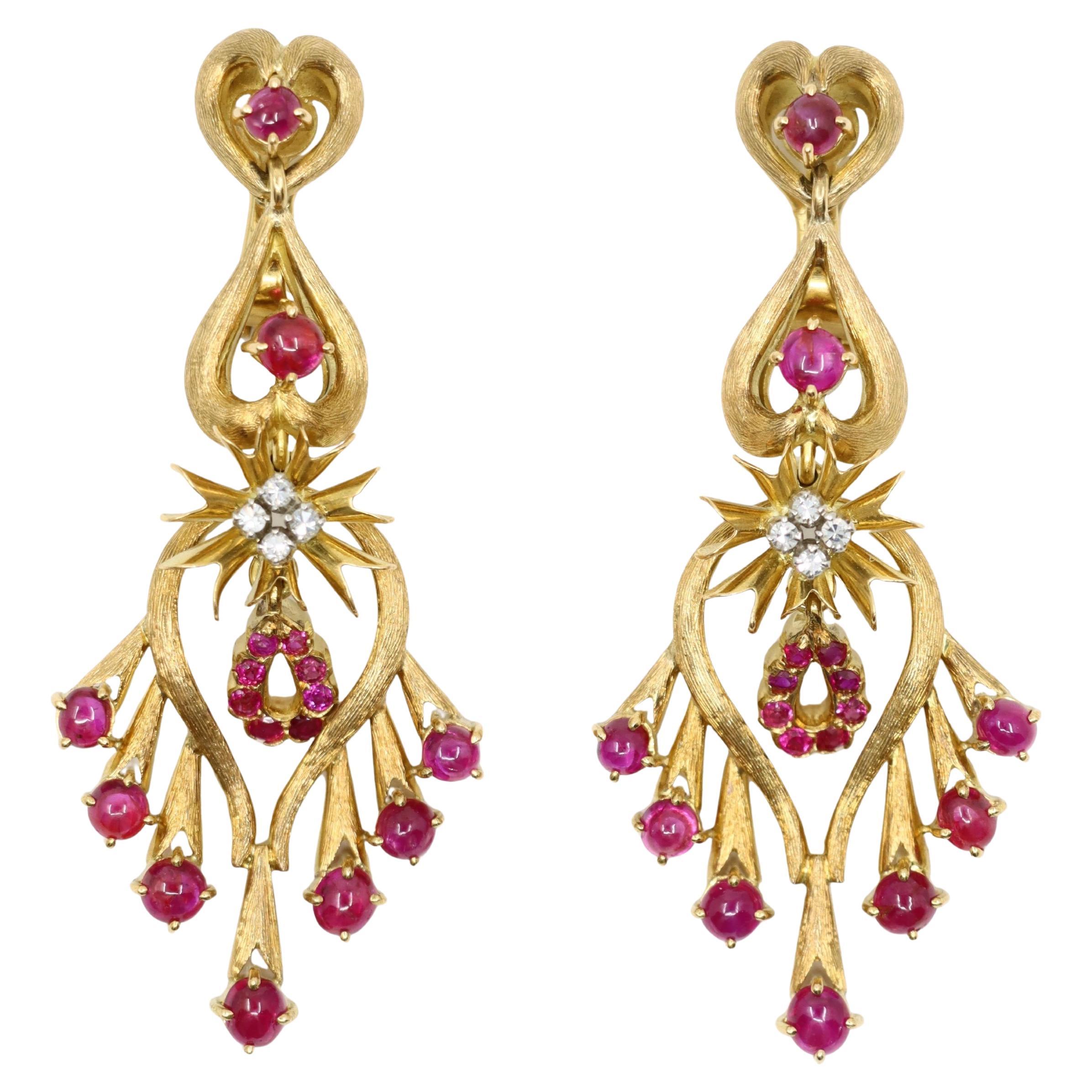 Vintage 18K Gold Ruby Diamonds Chandelier Earrings