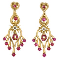 Pendientes araña vintage de oro de 18 quilates con diamantes y rubíes