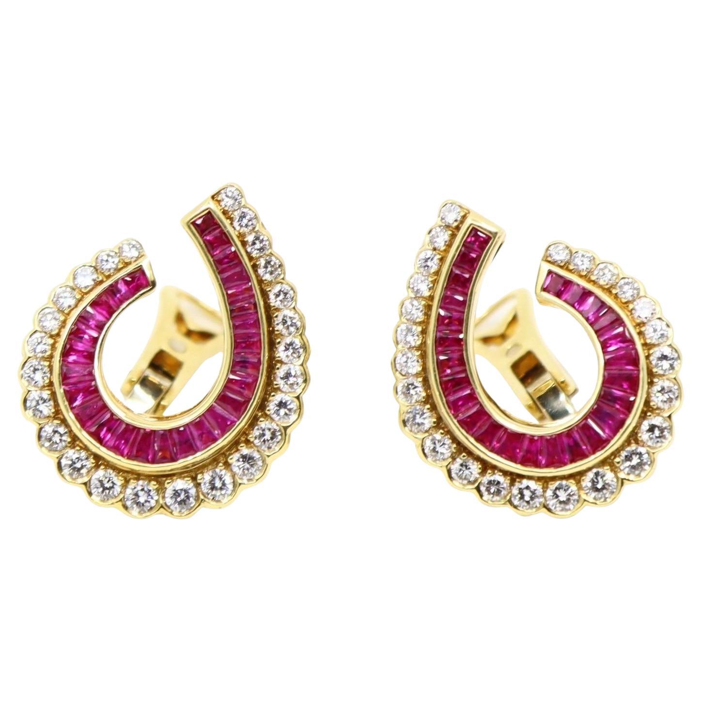 Vintage 18K Gold Ruby Diamonds Earrings For Sale