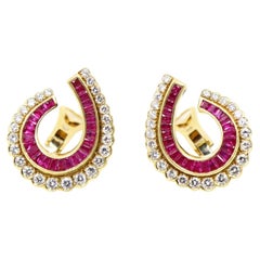 Vintage 18K Gold Ruby Diamonds Earrings