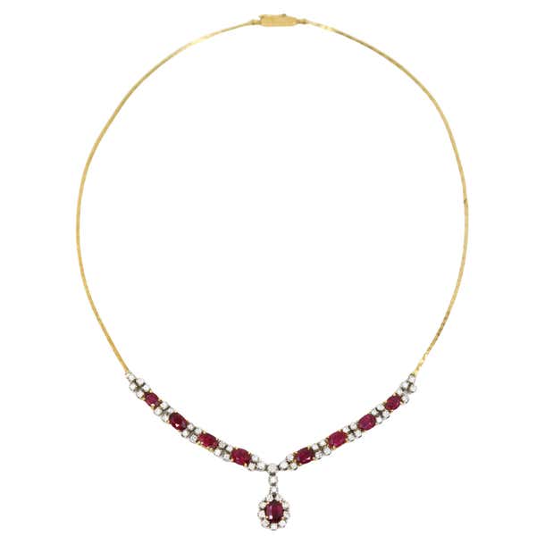 Vintage 18K Gold Ruby Diamonds Necklace For Sale at 1stDibs