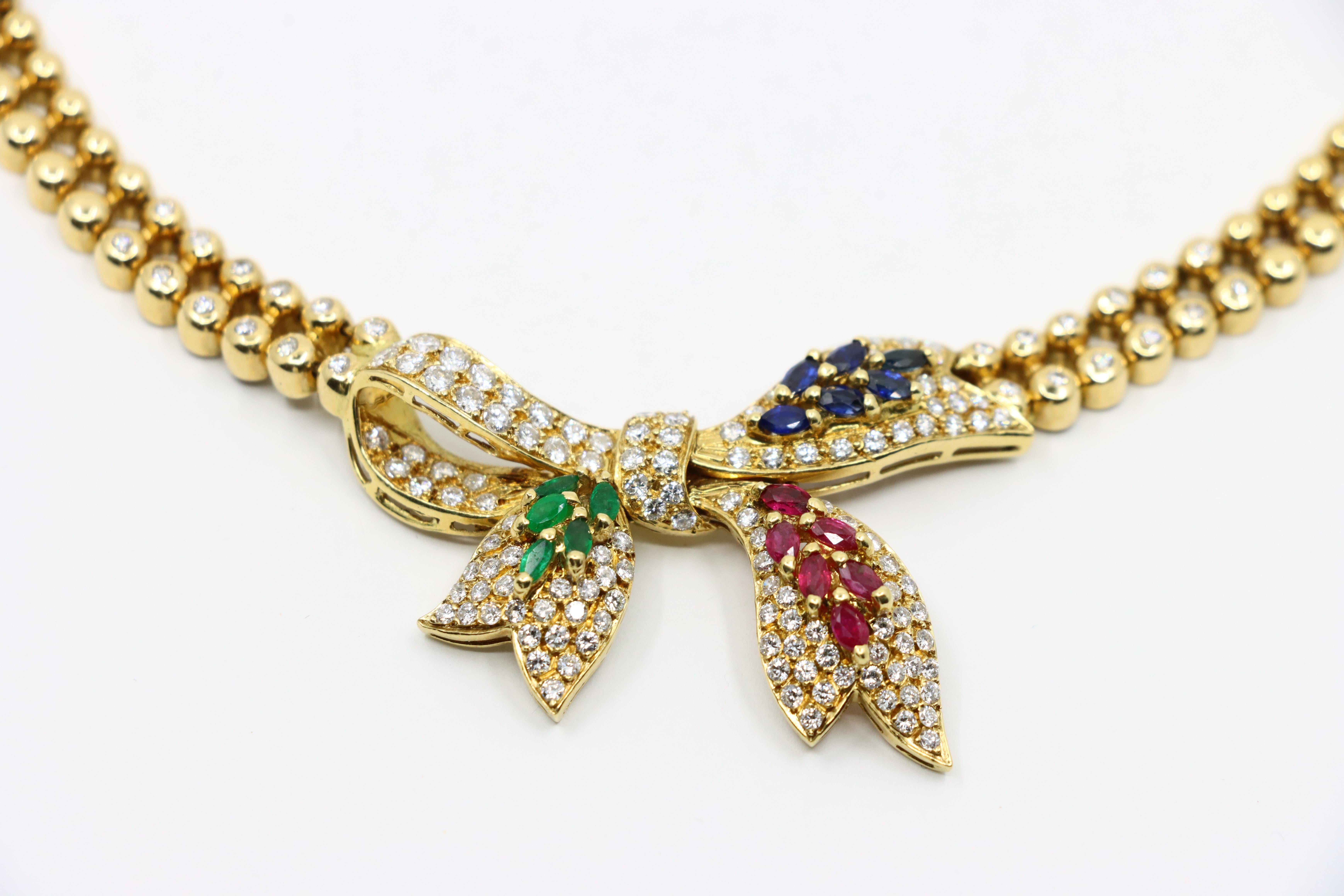Vintage 18K Gold Ruby Emerald Sapphire Diamond Bow Tie Necklace For Sale 5