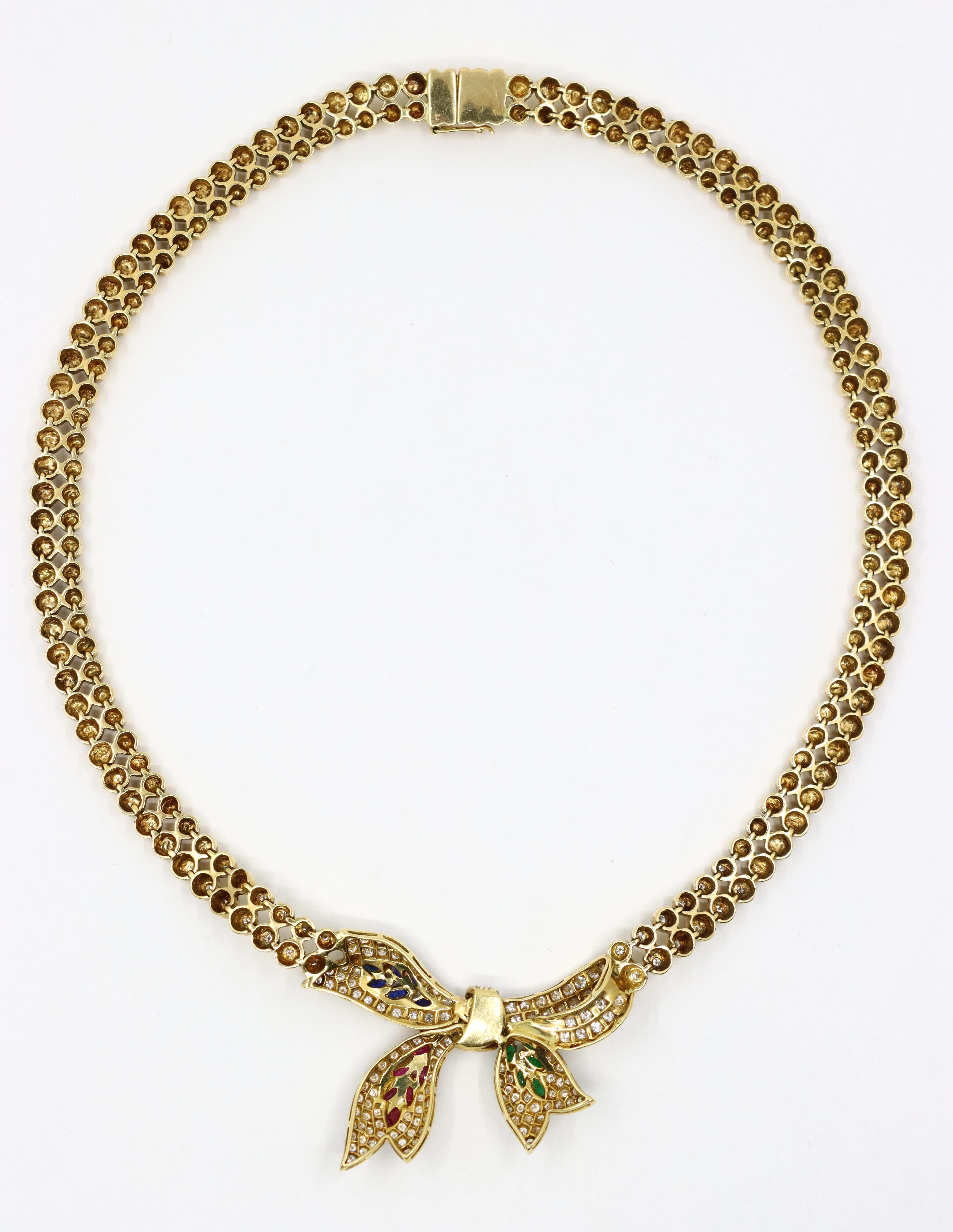 Vintage 18K Gold Ruby Emerald Sapphire Diamond Bow Tie Necklace For Sale 6