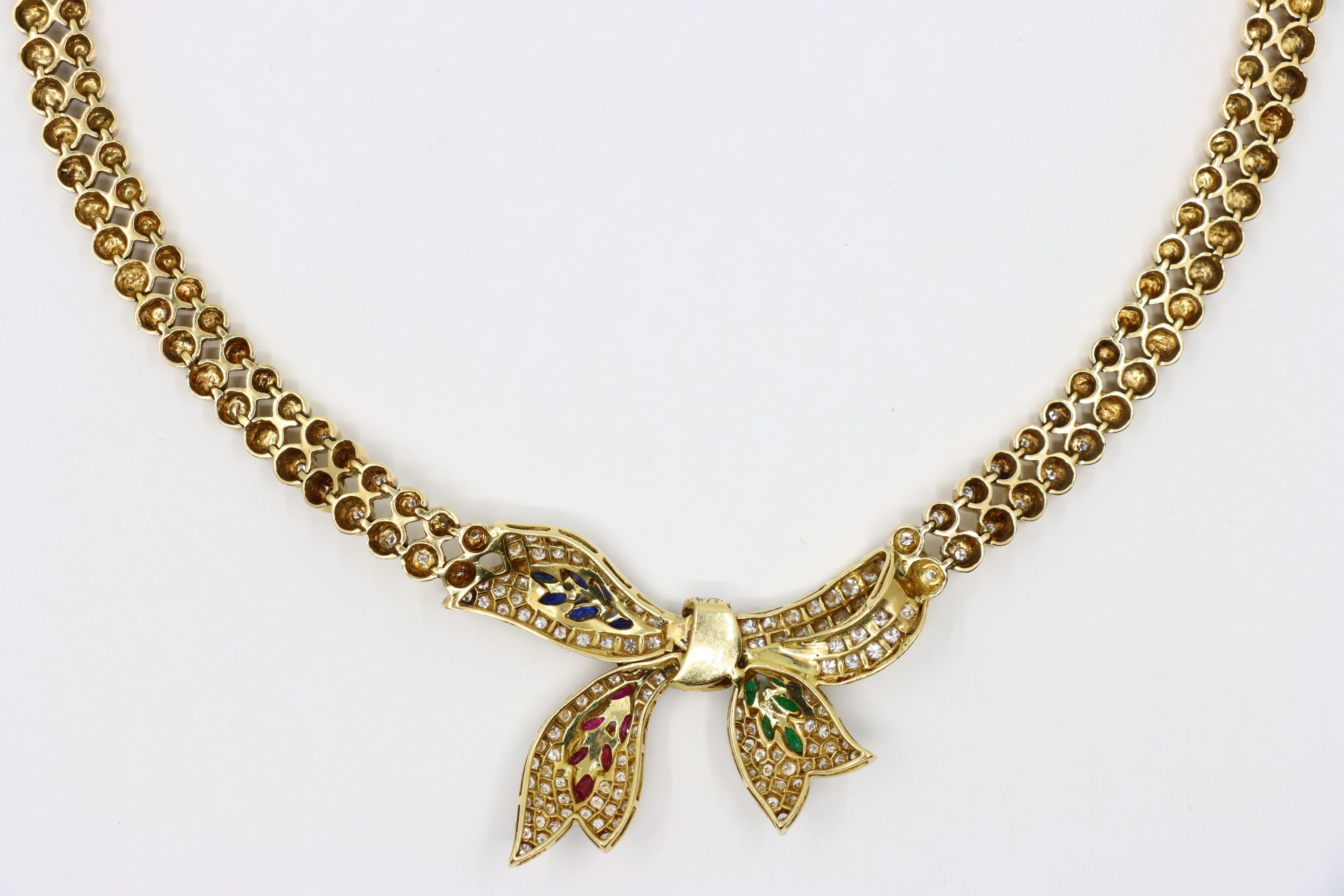 Vintage 18K Gold Ruby Emerald Sapphire Diamond Bow Tie Necklace For Sale 7