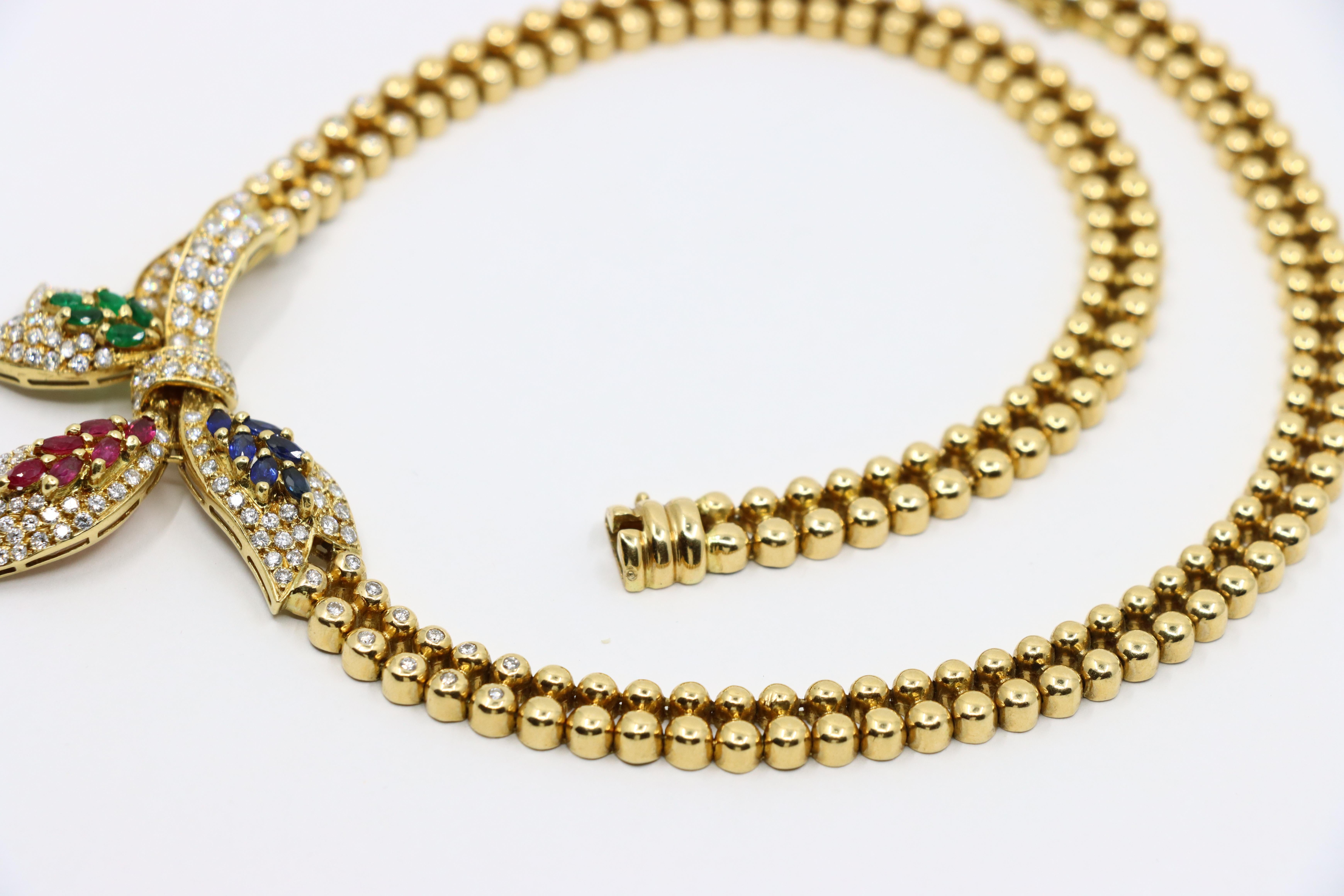 Vintage 18K Gold Ruby Emerald Sapphire Diamond Bow Tie Necklace For Sale 9