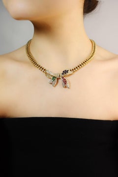 Vintage 18K Gold Ruby Emerald Sapphire Diamond Bow Tie Necklace