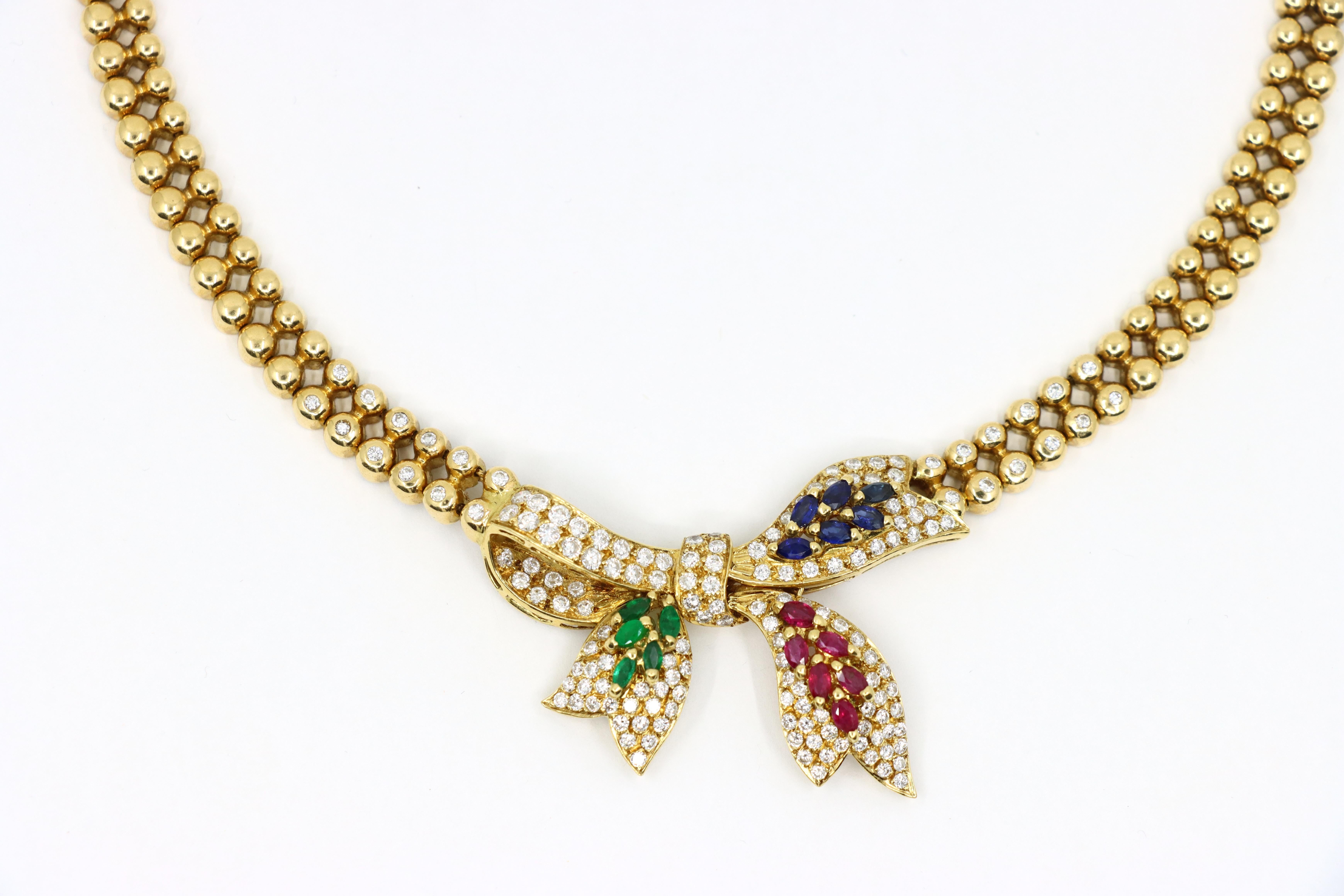Marquise Cut Vintage 18K Gold Ruby Emerald Sapphire Diamond Bow Tie Necklace For Sale