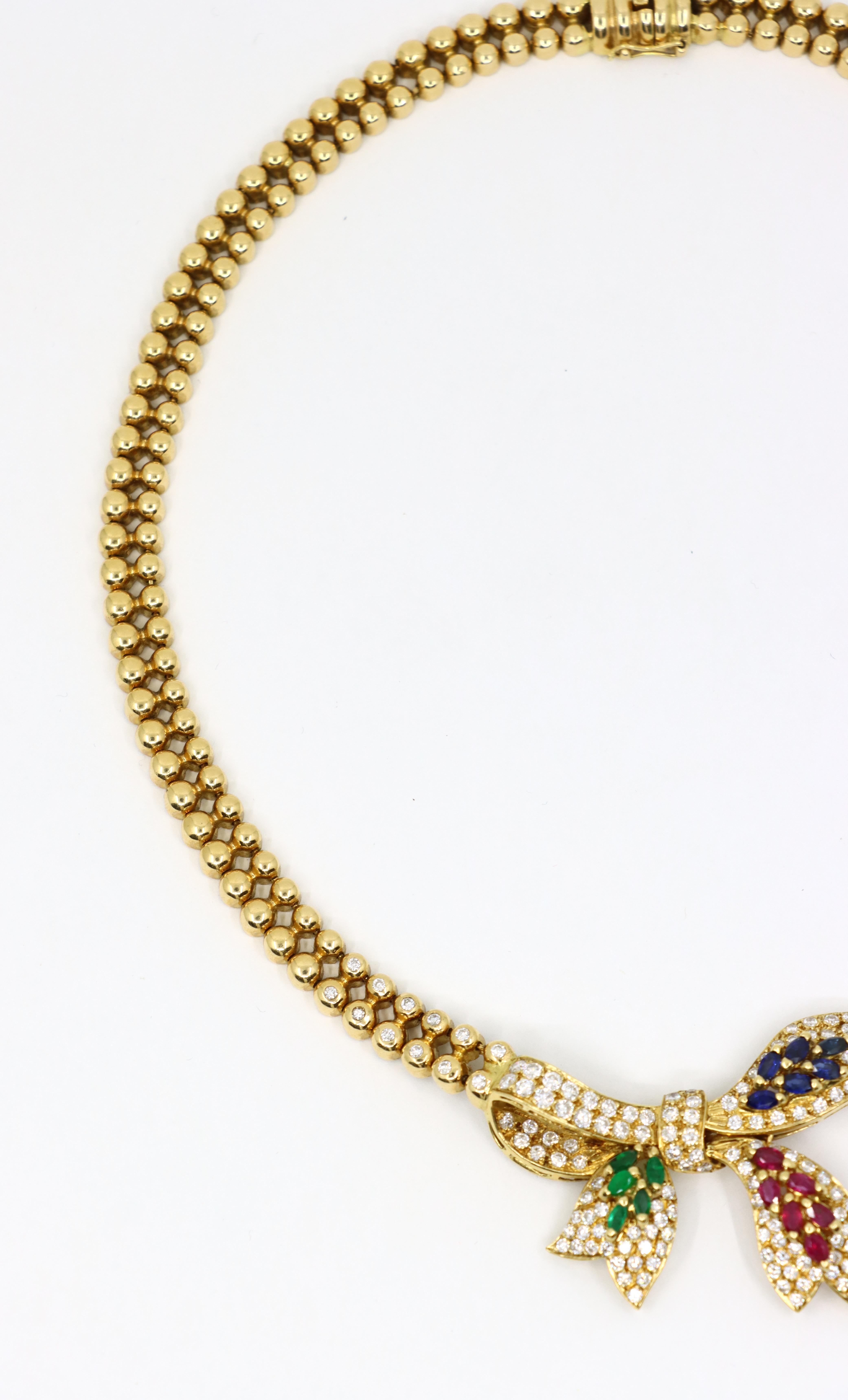 Vintage 18K Gold Ruby Emerald Sapphire Diamond Bow Tie Necklace In Good Condition For Sale In Flushing, NY