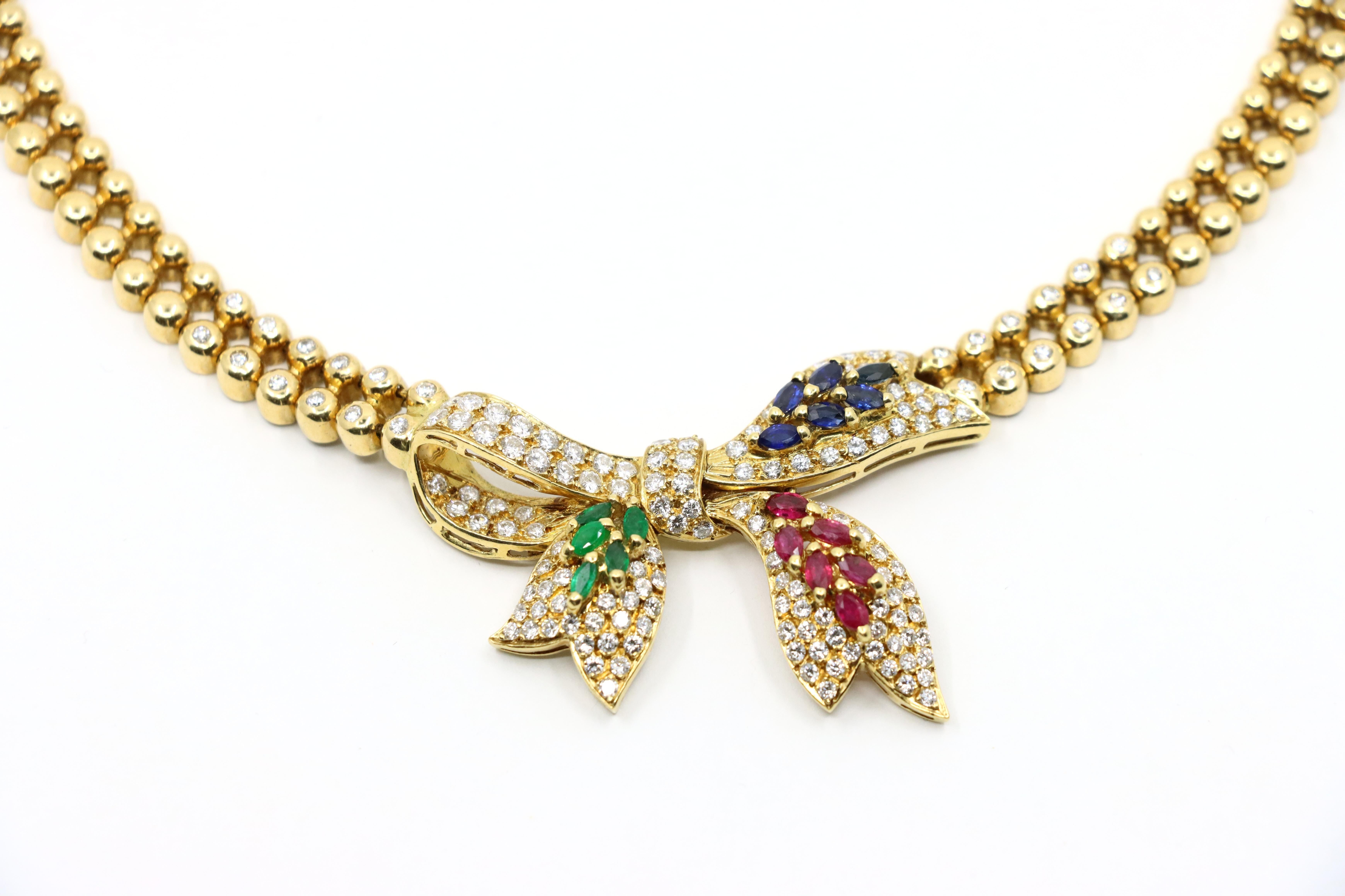 Vintage 18K Gold Ruby Emerald Sapphire Diamond Bow Tie Necklace For Sale 2