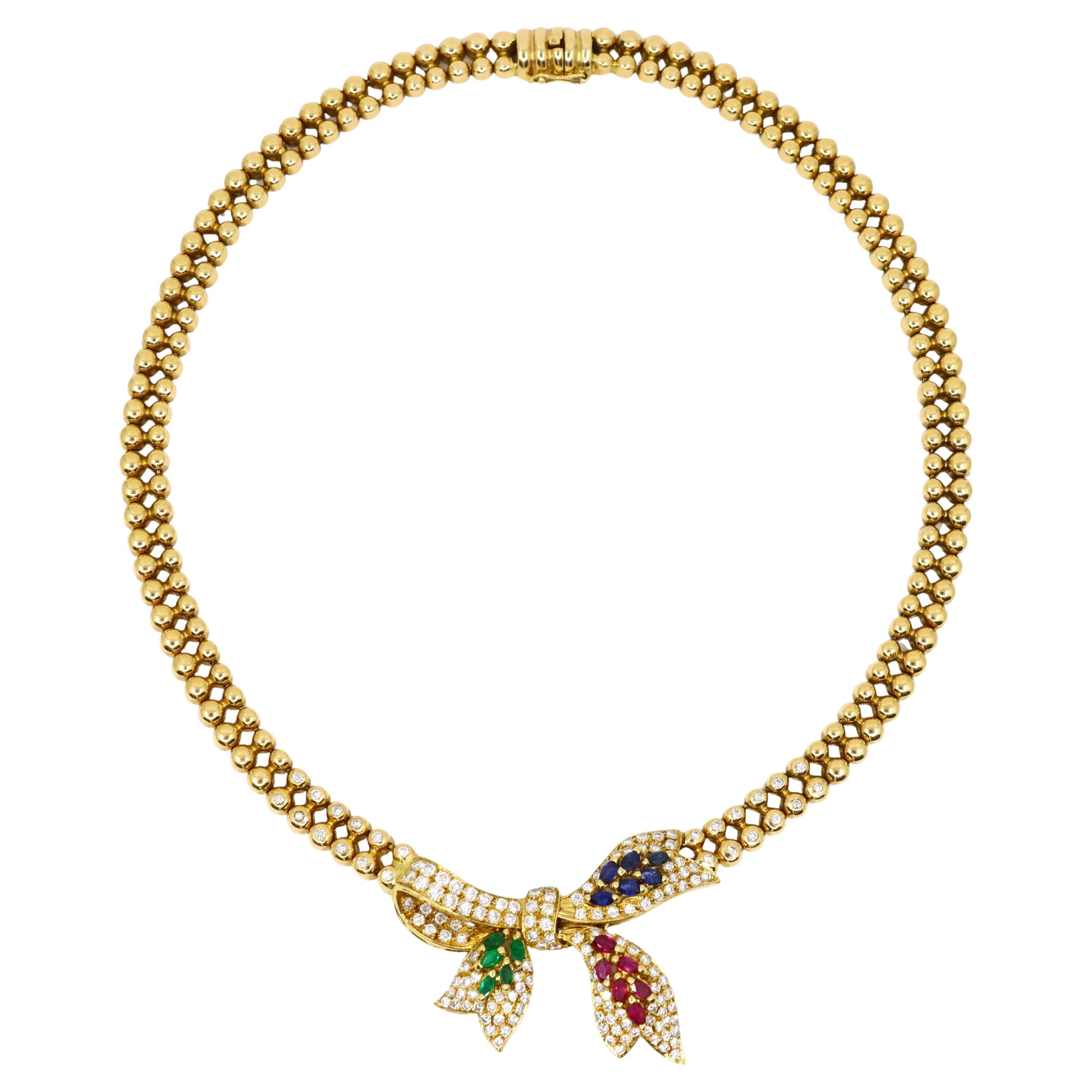 Vintage 18K Gold Ruby Emerald Sapphire Diamond Bow Tie Necklace