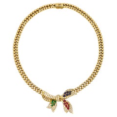 Vintage 18K Gold Ruby Emerald Sapphire Diamond Bow Tie Necklace