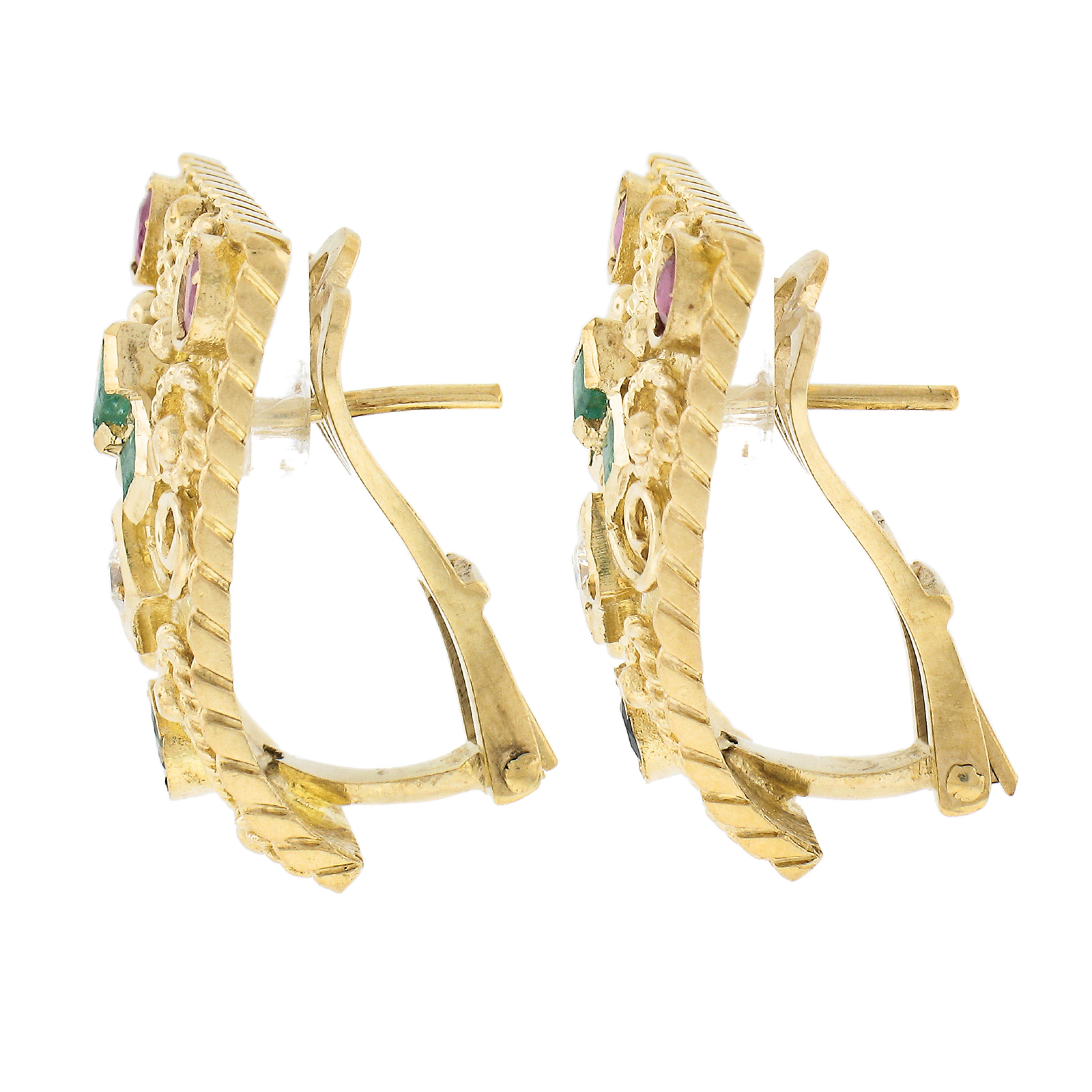 Round Cut Vintage 18k Gold Ruby Emerald Sapphire & Diamond Wire Work Clip on Cuff Earrings For Sale