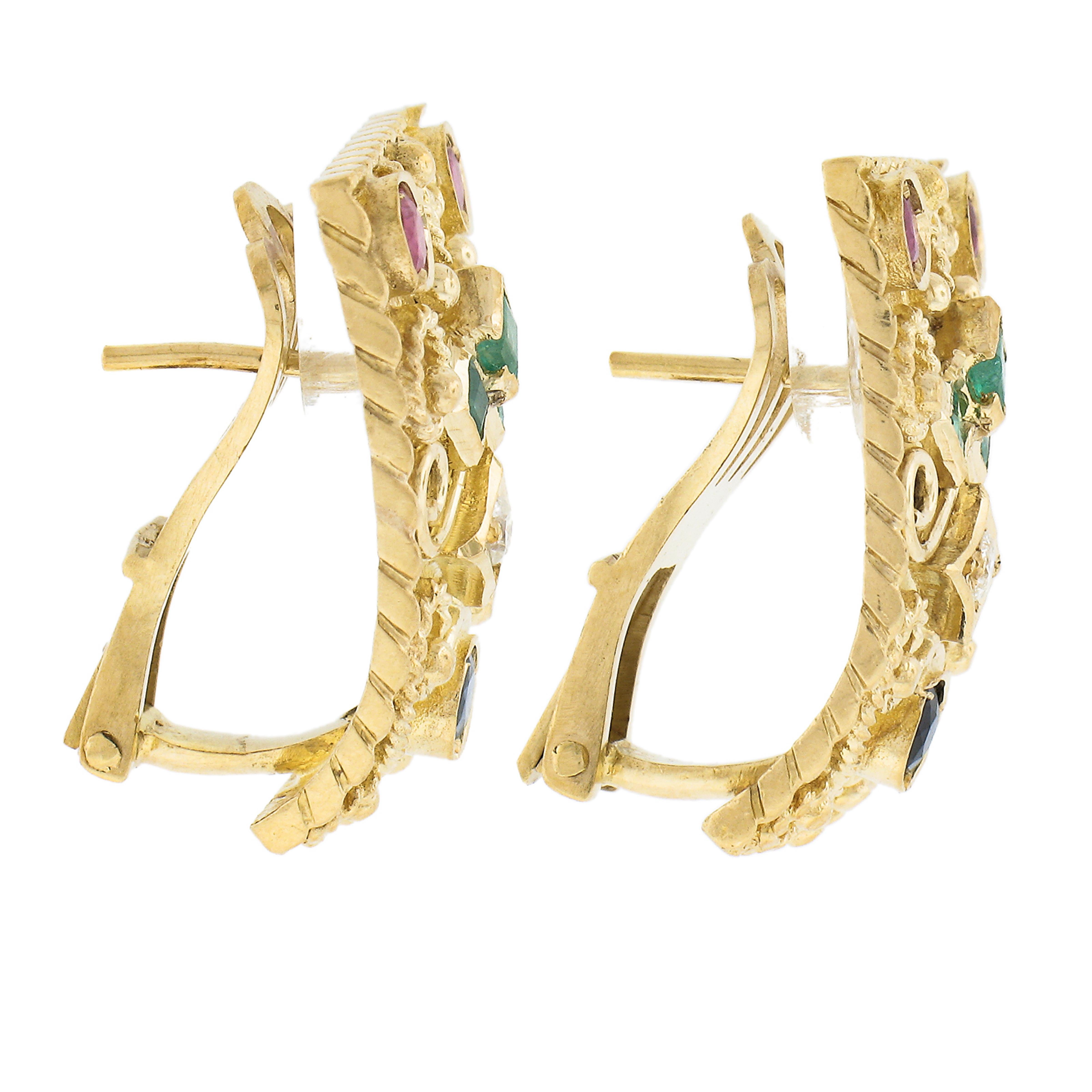Vintage 18k Gold Ruby Emerald Sapphire & Diamond Wire Work Clip on Cuff Earrings In Excellent Condition For Sale In Montclair, NJ