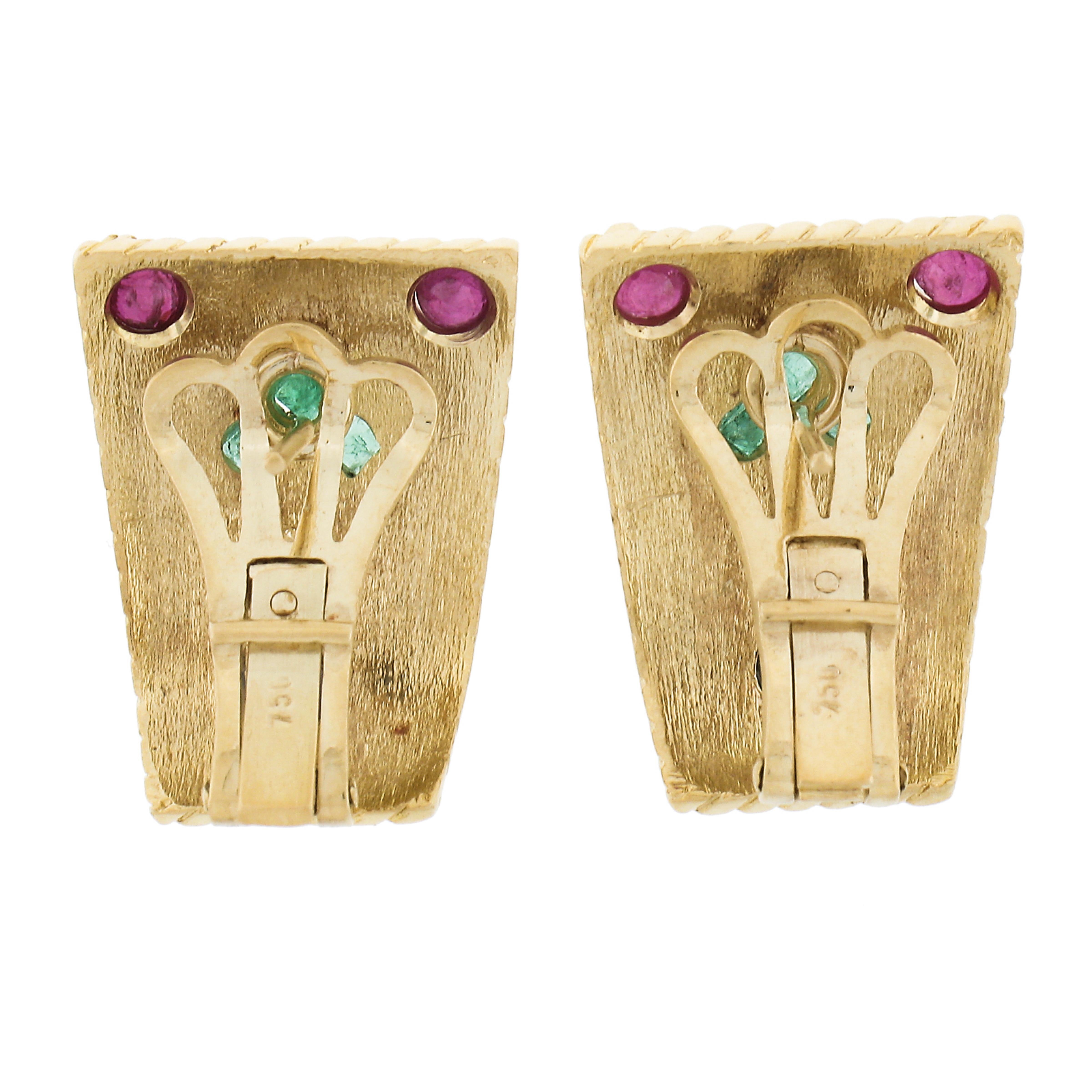Women's Vintage 18k Gold Ruby Emerald Sapphire & Diamond Wire Work Clip on Cuff Earrings For Sale