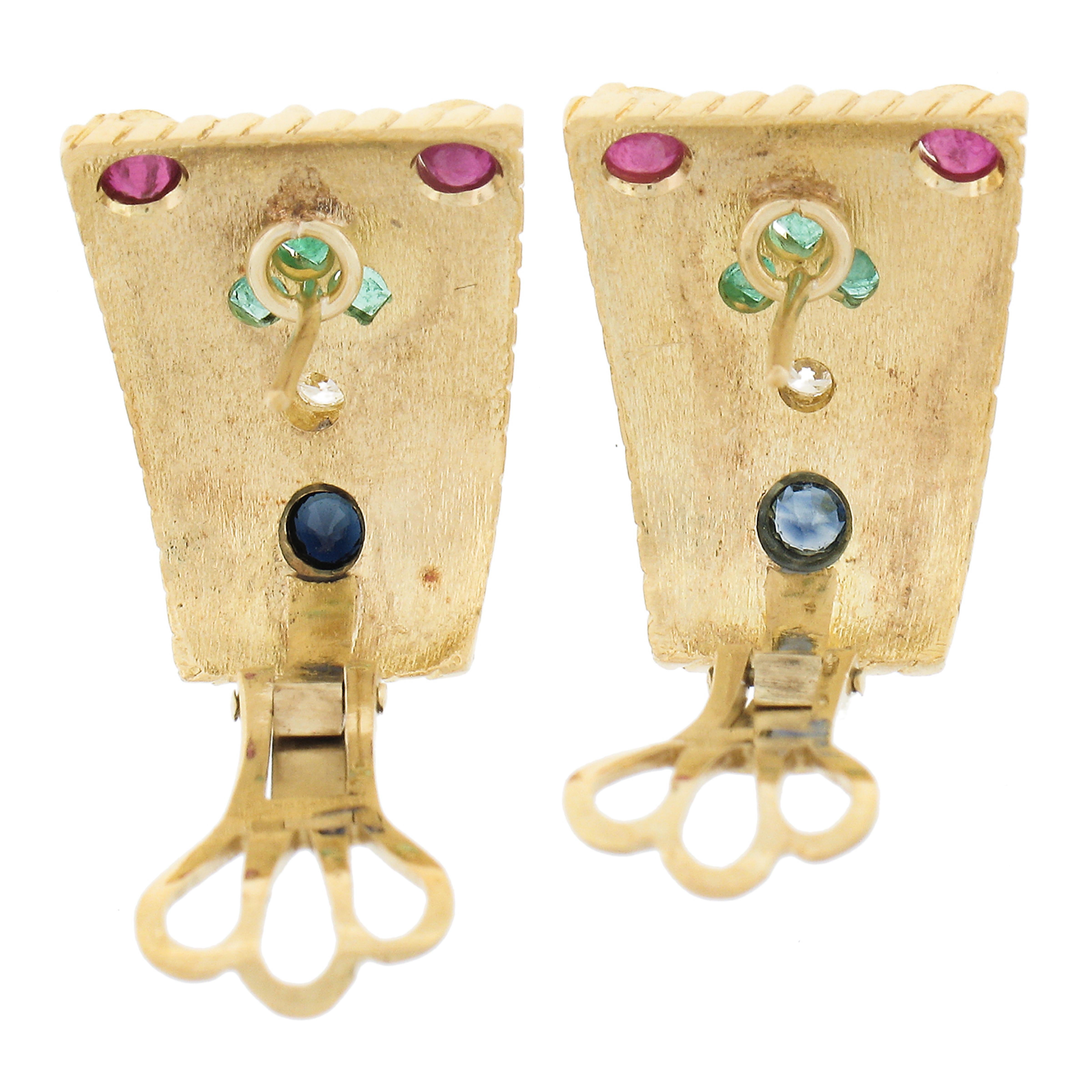 Vintage 18k Gold Ruby Emerald Sapphire & Diamond Wire Work Clip on Cuff Earrings For Sale 1
