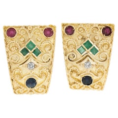 Vintage 18k Gold Ruby Emerald Sapphire & Diamond Wire Work Clip on Cuff Earrings