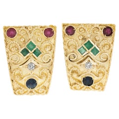 18 Karat Gold Rubin Smaragd Saphir & Diamant Drahtarbeit Clip-Ohrringe an Manschette