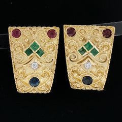 Vintage 18k Gold Ruby Emerald Sapphire & Diamond Wire Work Omega Cuff Earrings