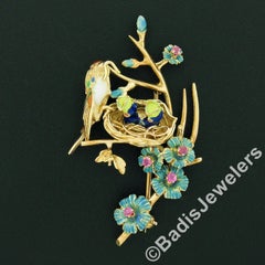 Vintage 18k Gold Ruby Enamel Flower Mother Bird Feeding Babies on Branch Brooch