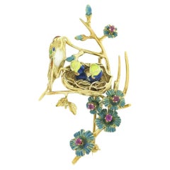 Vintage 18k Gold Ruby Enamel Flower Mother Bird Feeding Babies on Branch Brooch