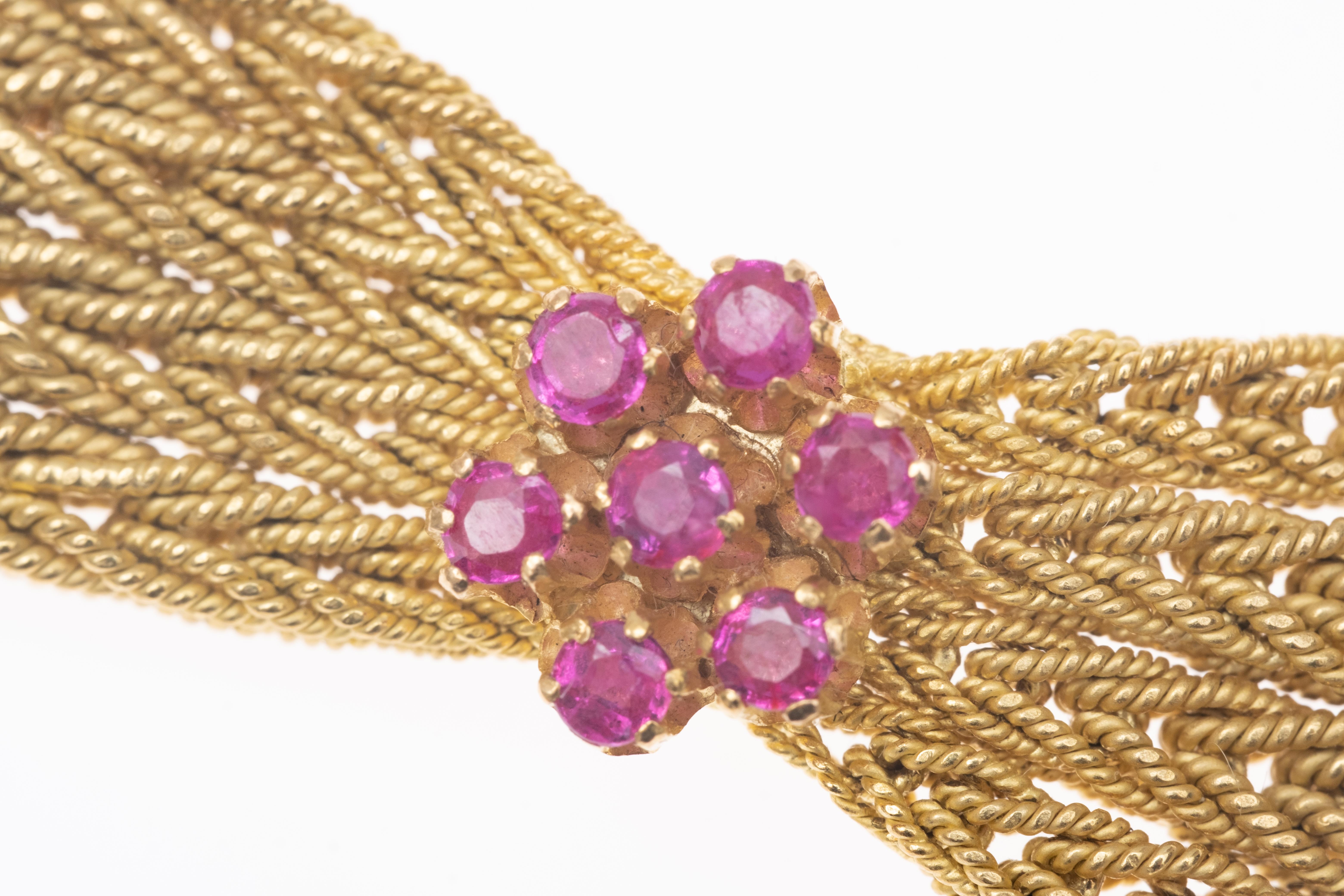 Round Cut Vintage 18k Gold Ruby Weave Bracelet with Appraisal Letter