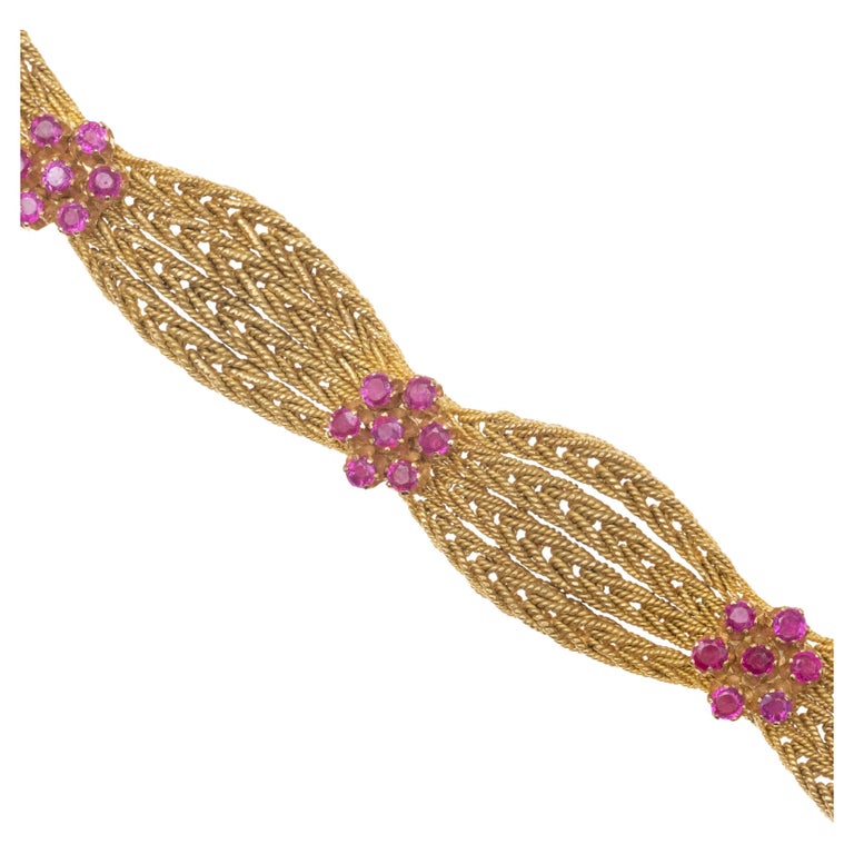 Vintage 18k Gold Ruby Weave Bracelet with Appraisal Letter For Sale at