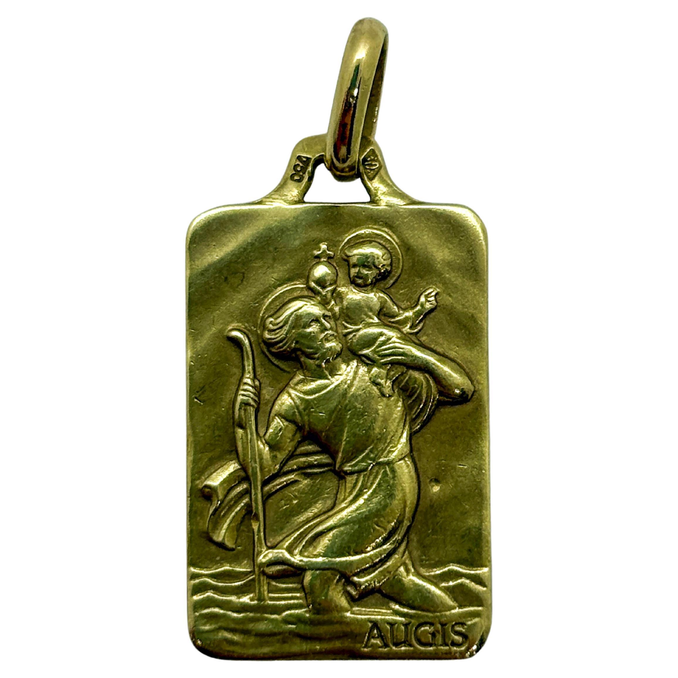 Vintage 18k Gold Saint Christopher Medal Pendant by Augis – French Religious Pen For Sale