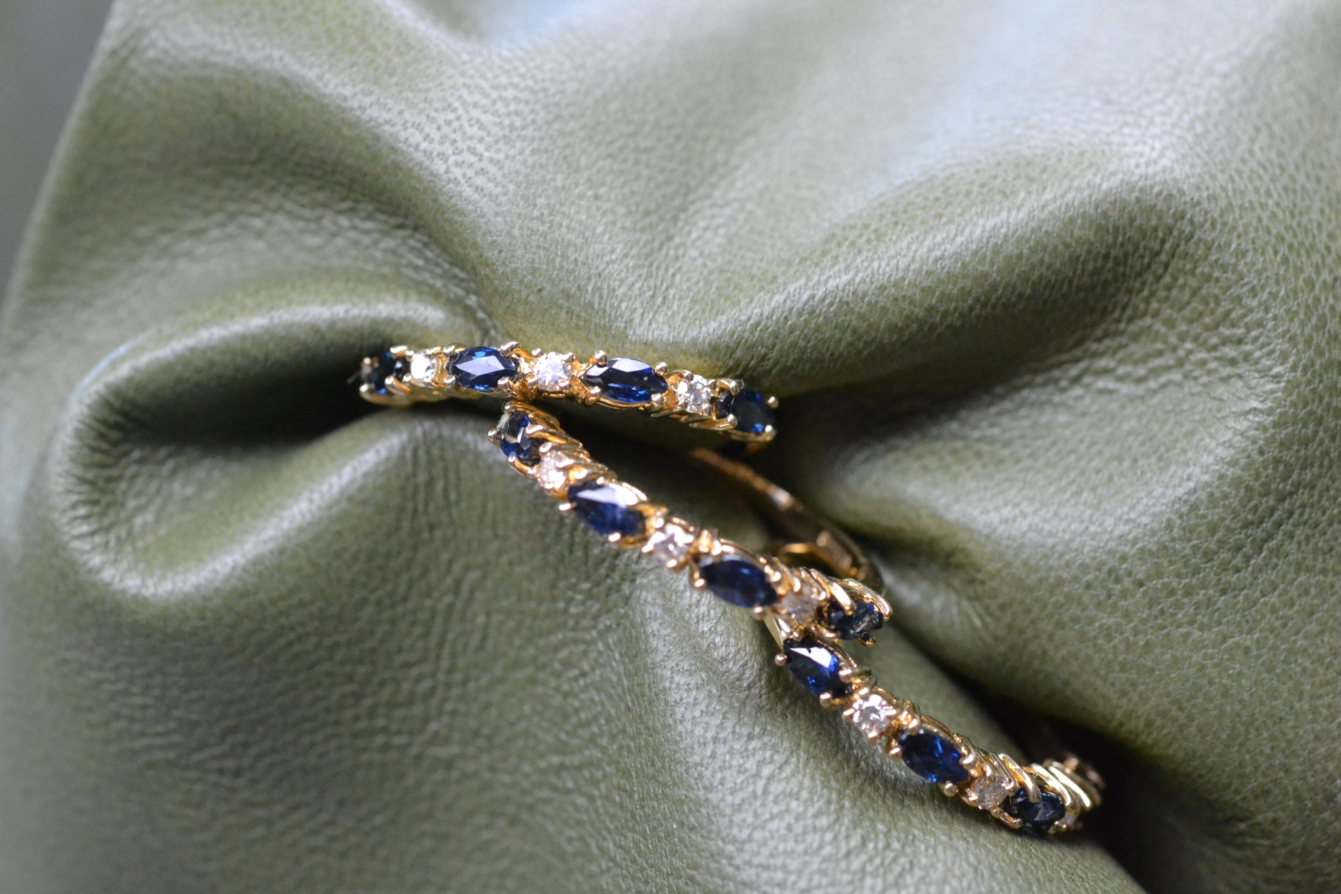 Modern Vintage 18k Gold Sapphire and Diamond Marquise Ring For Sale
