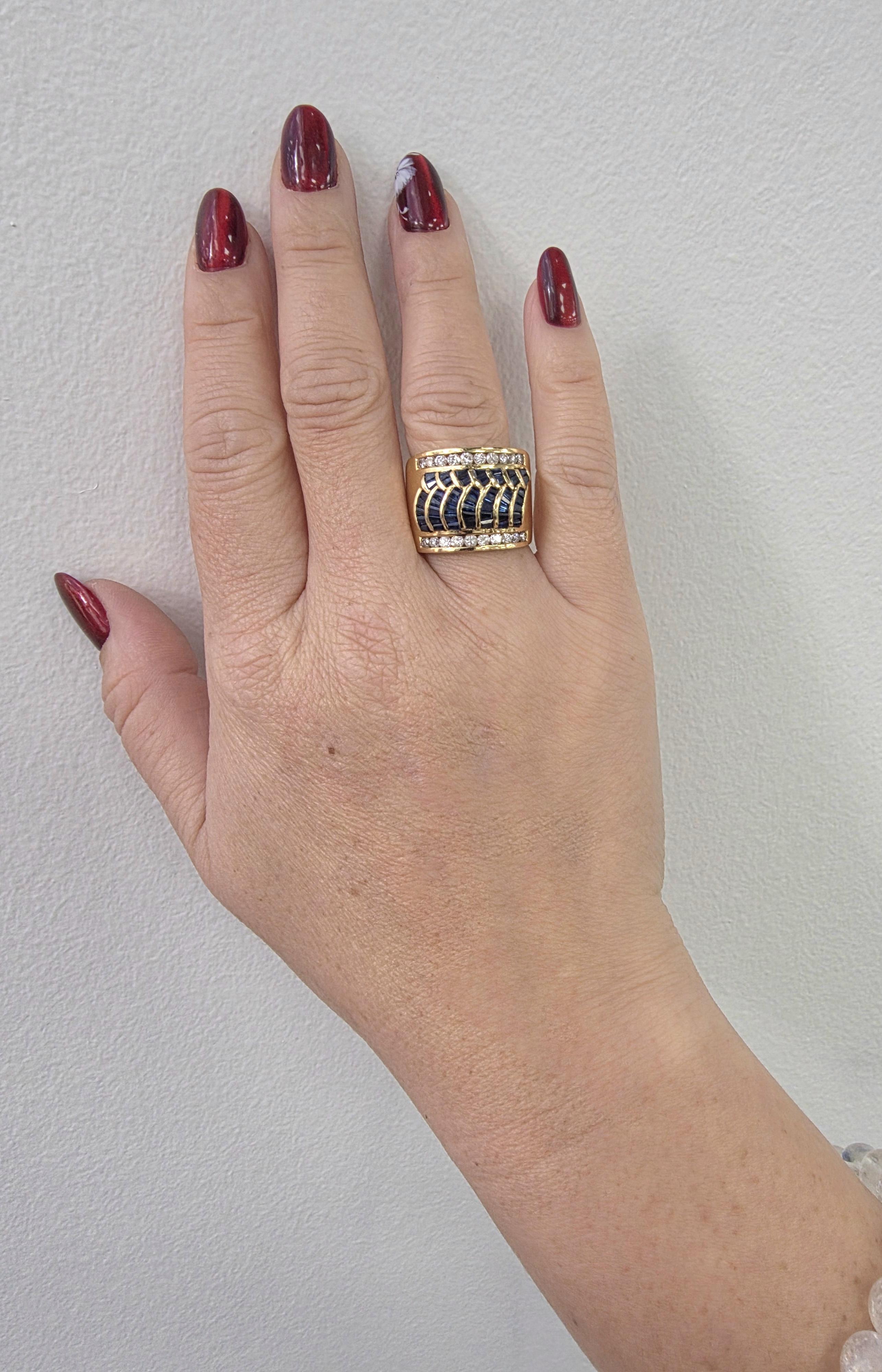 Vintage 18K Gold Sapphire Baguette Wave Channel Set Diamond Wide Band Ring en vente 1