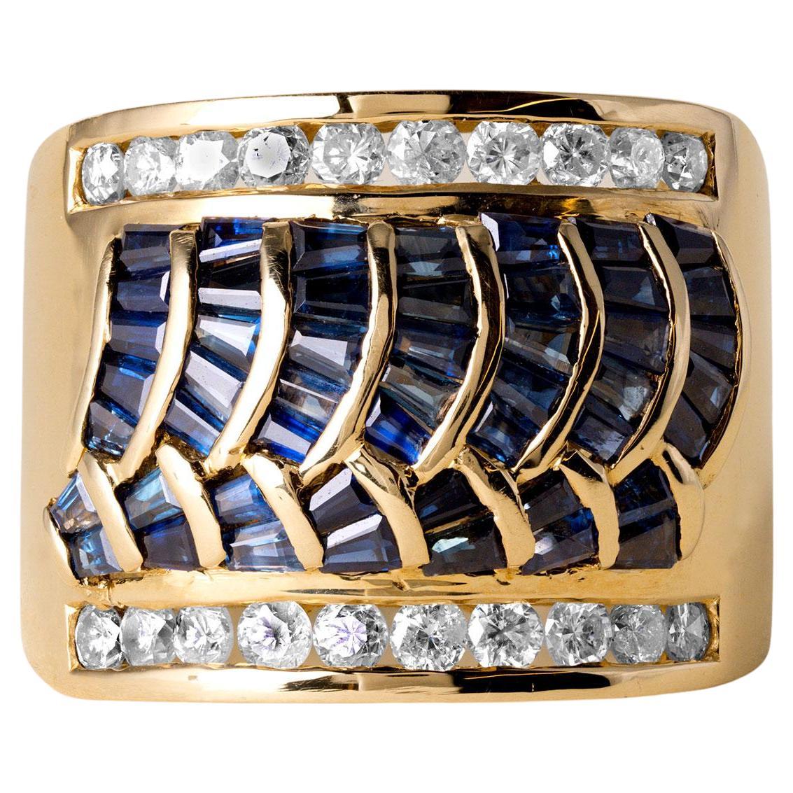 Vintage 18K Gold Sapphire Baguette Wave Channel Set Diamond Wide Band Ring