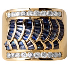 Vintage 18K Gold Sapphire Baguette Wave Channel Set Diamond Wide Band Ring