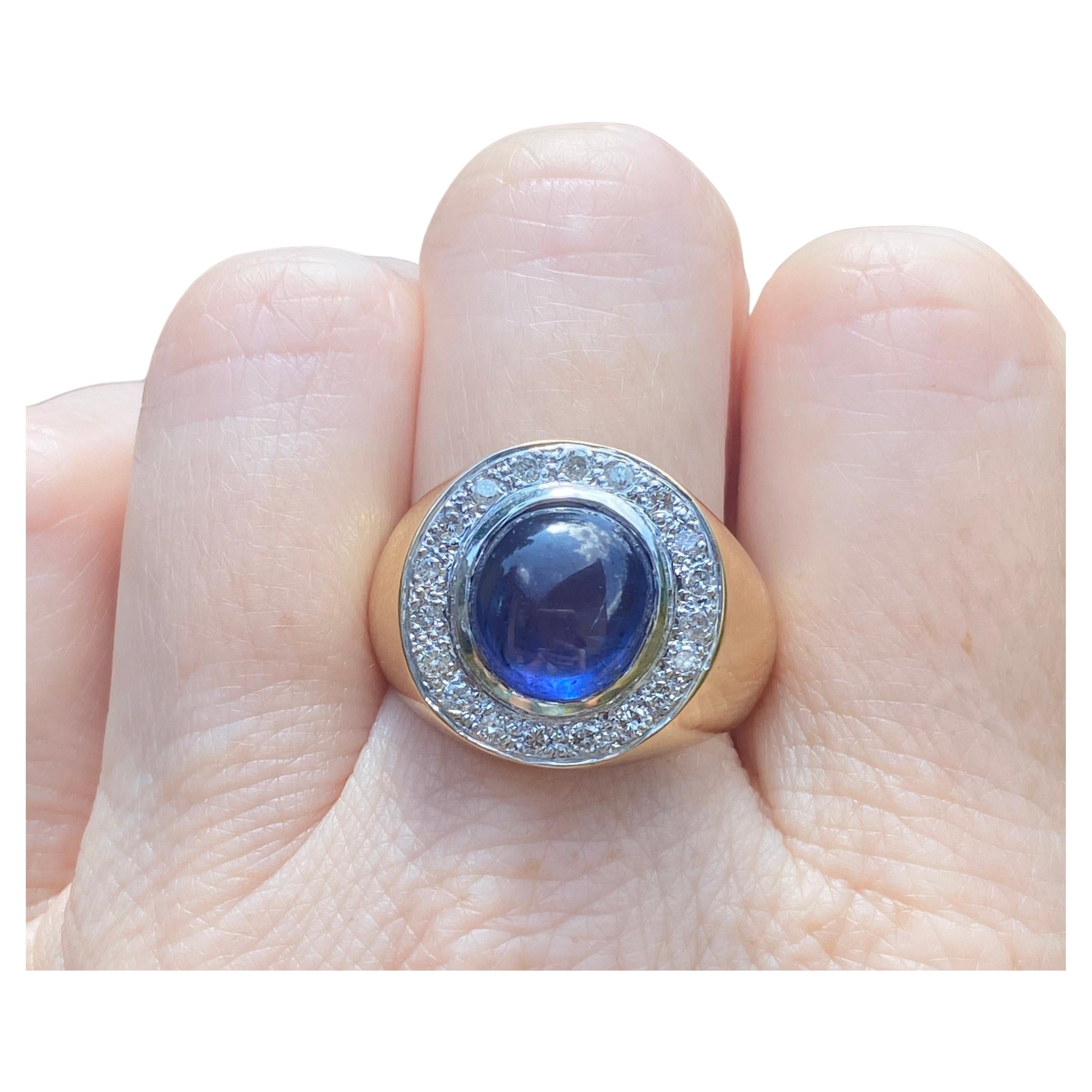Vintage 18K Gold Sapphire Cabochon and Diamond Ring For Sale