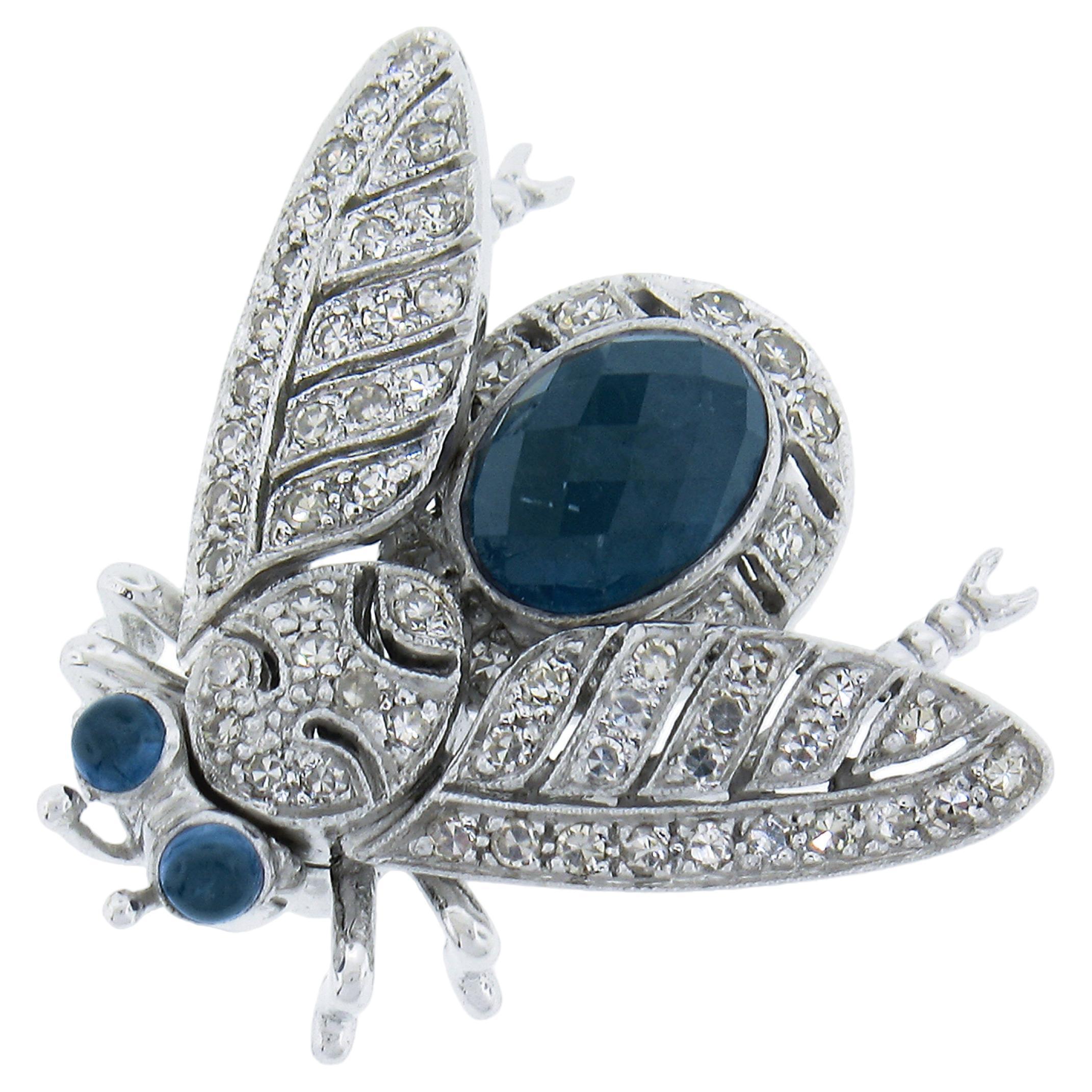 Vintage 18k Gold Sapphire & Diamond Covered Fly Bee Insect Flexible Brooch Pin For Sale