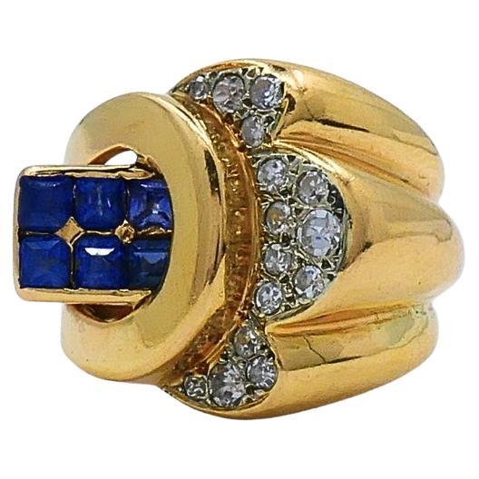Anello vintage con zaffiro e diamante in oro 18 carati in vendita